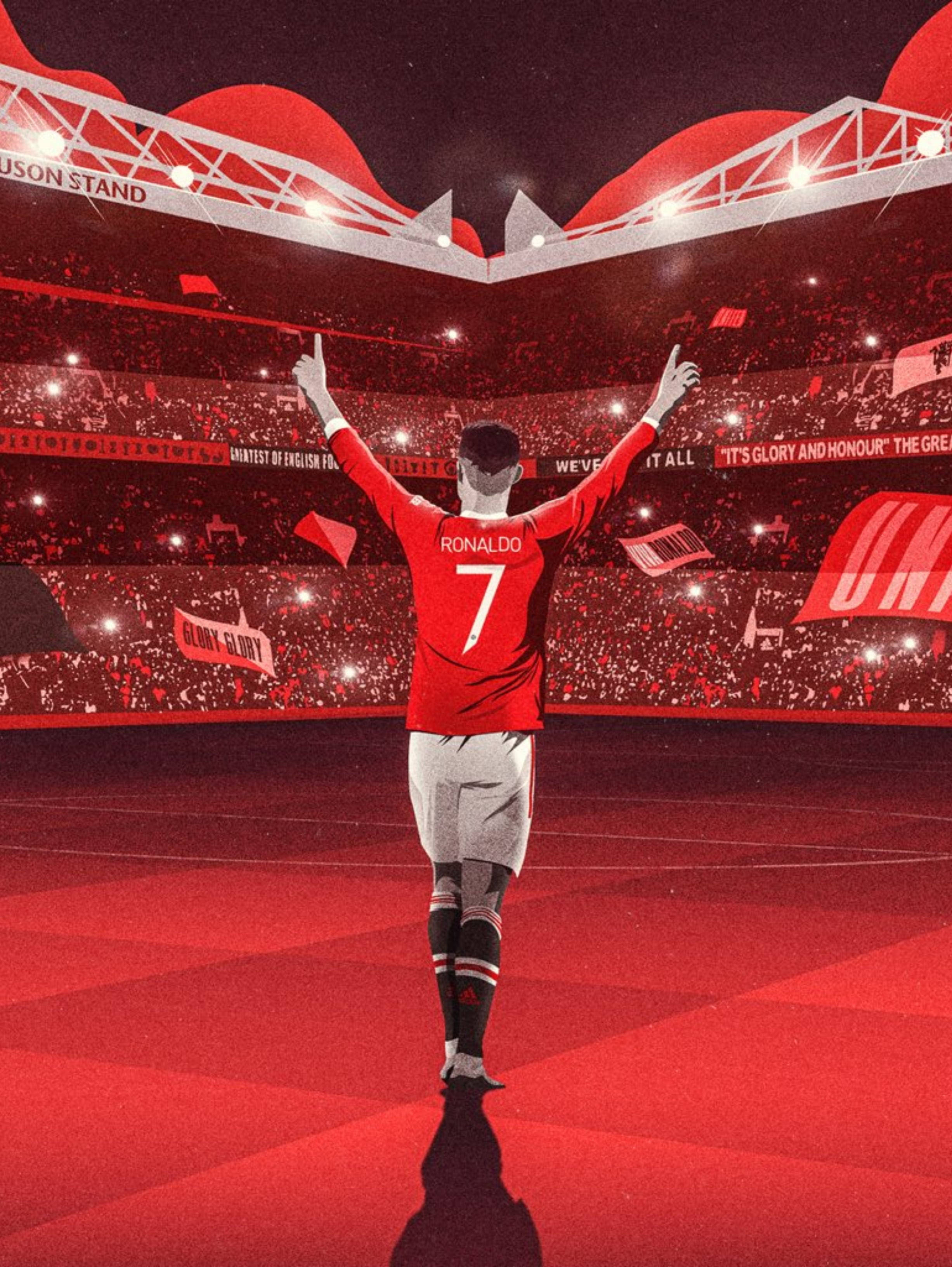 Ronaldo 桌布 壁紙 — 一名身穿紅色7號球衣的足球員，在紅色球場上高舉雙臂慶祝勝利，面前是座無虛席、歡聲雷動的體育場觀眾。