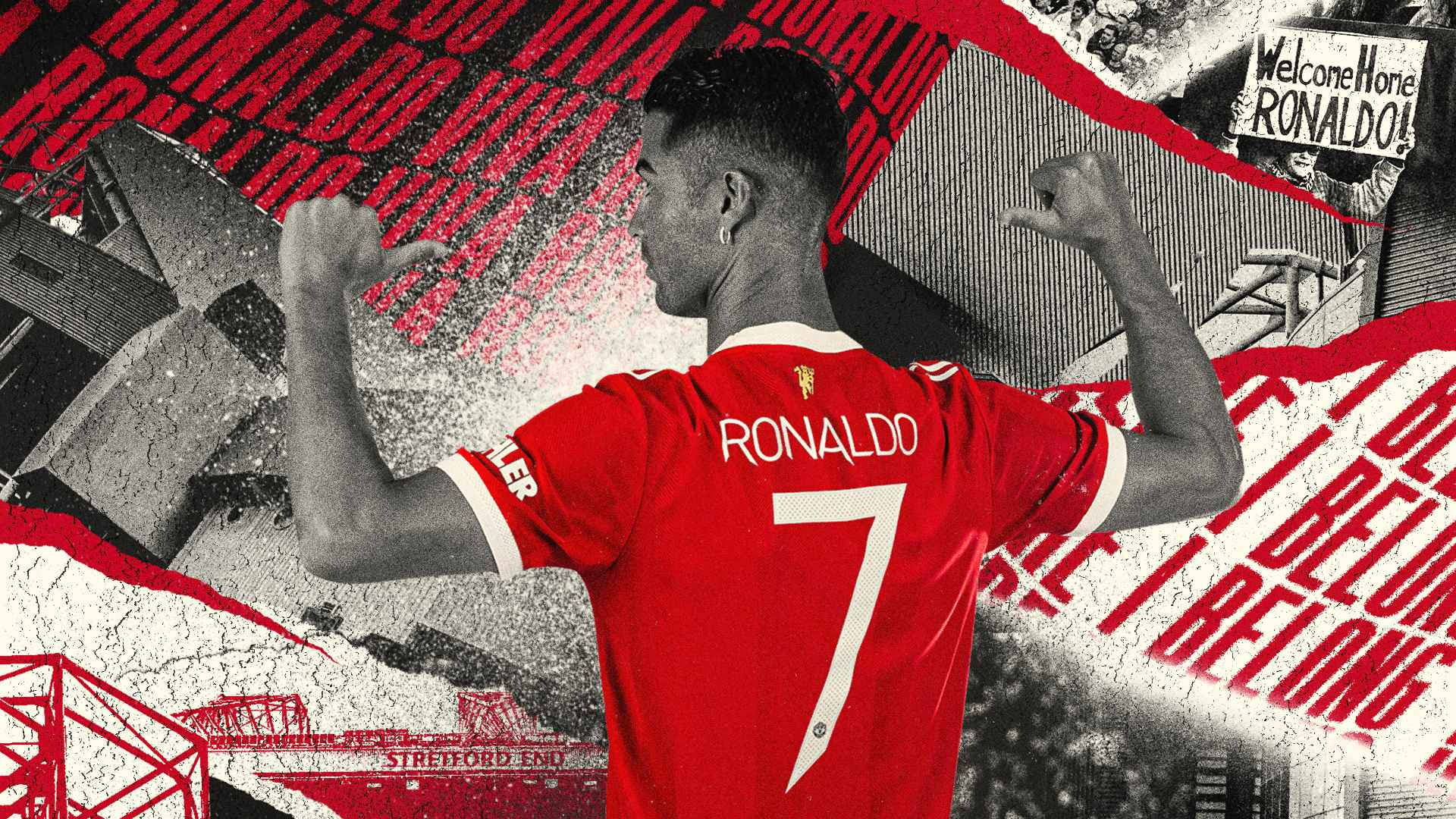 Ronaldo 桌布 壁紙 — 一名身穿紅色7號球衣的足球員，在帶有 'Welcome Home RONALDO' 文字的粗獷城市拼貼畫前展示肌肉。