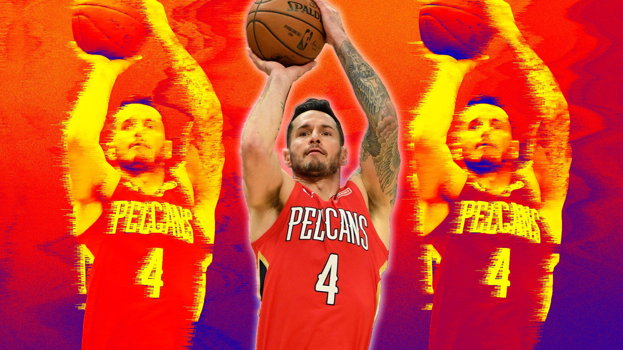 Jj Redick 桌布 壁紙 — 一名身穿紅色Pelicans球衣的籃球運動員正在投籃，周圍環繞著鮮豔的紅、黃、藍色故障效果。