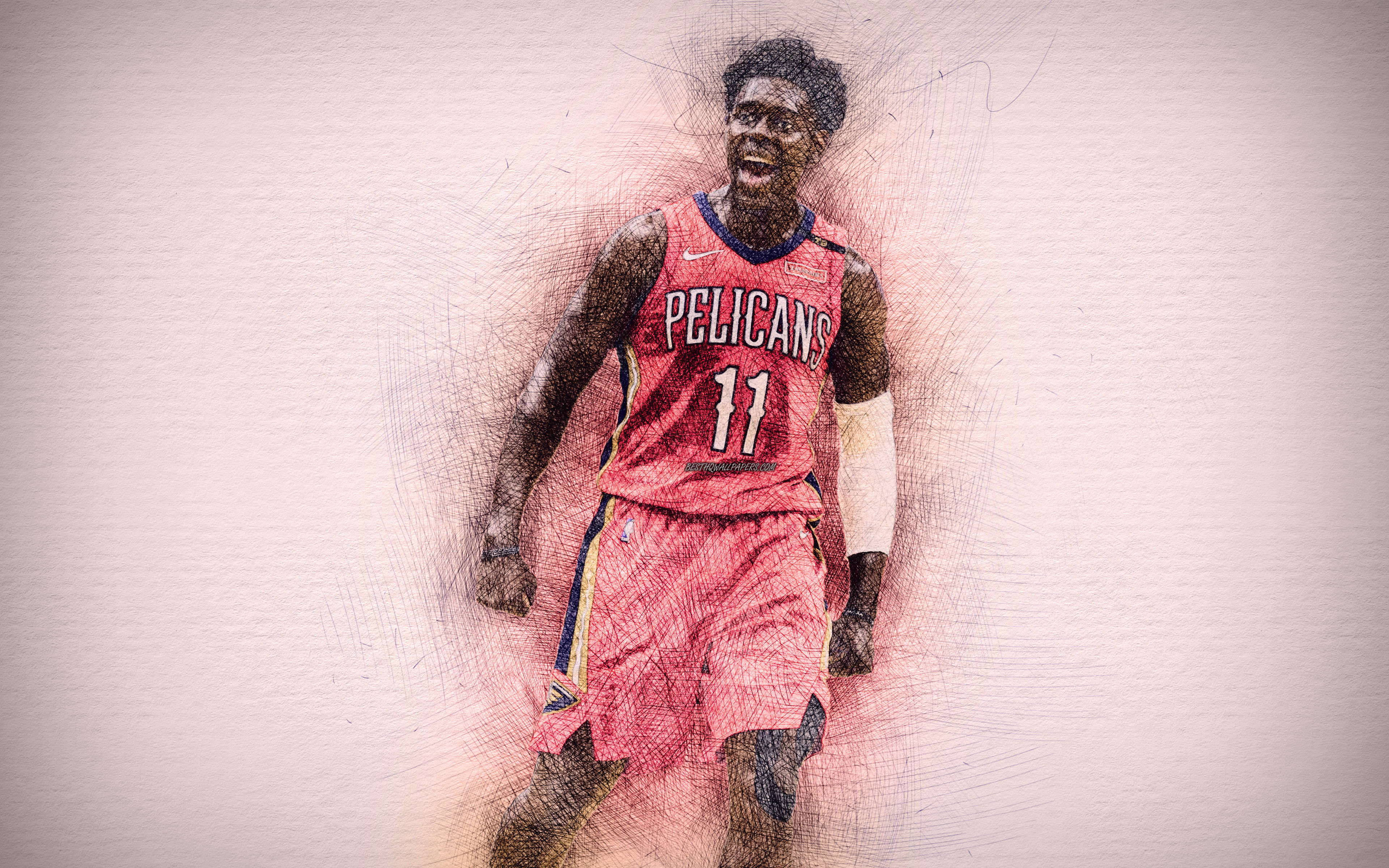 Jrue Holiday 桌布 壁紙 — 一名身穿紅色Pelicans球衣、號碼11的籃球運動員，在慶祝時被捕捉到帶有動態素描風格的效果。