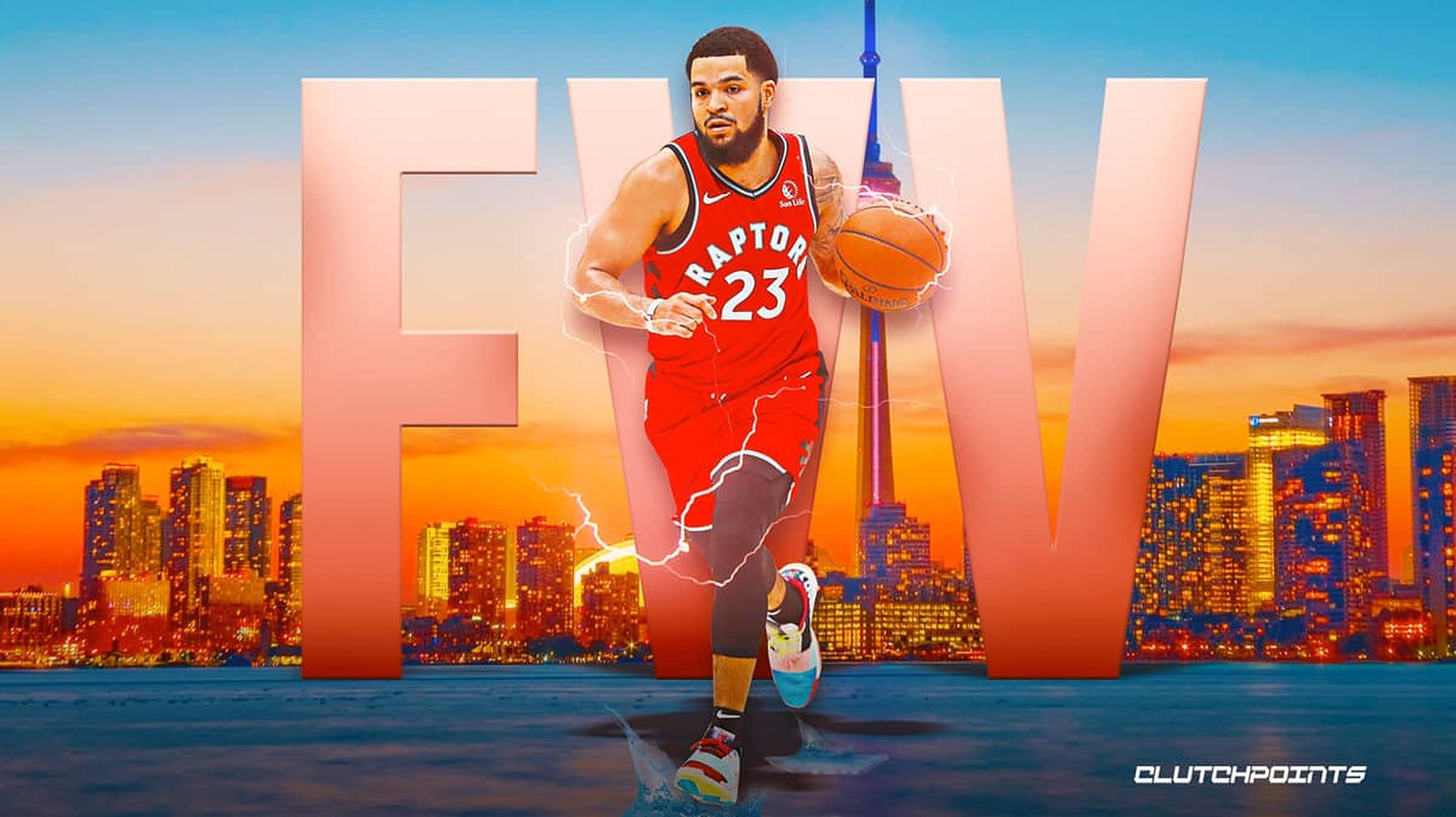 Fred Vanvleet 桌布 壁紙 — 一名身穿紅色Raptors球衣的籃球運動員在充滿活力的日落城市景觀中運球，背景有巨型字母和閃電效果。