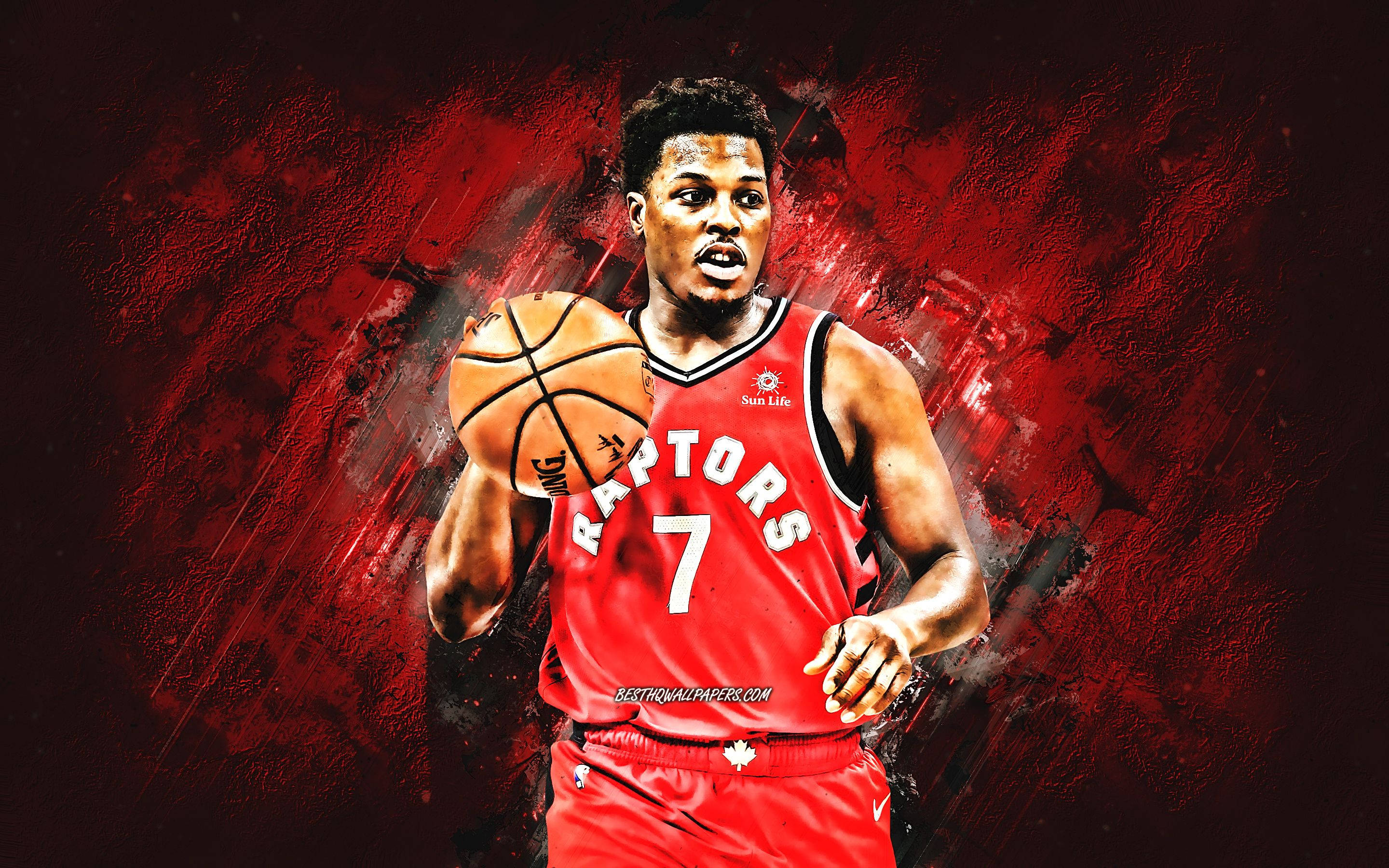 Lowry 桌布 壁紙 — 一名身穿紅色Raptors球衣的籃球運動員，在動態的紅色紋理背景前持球。