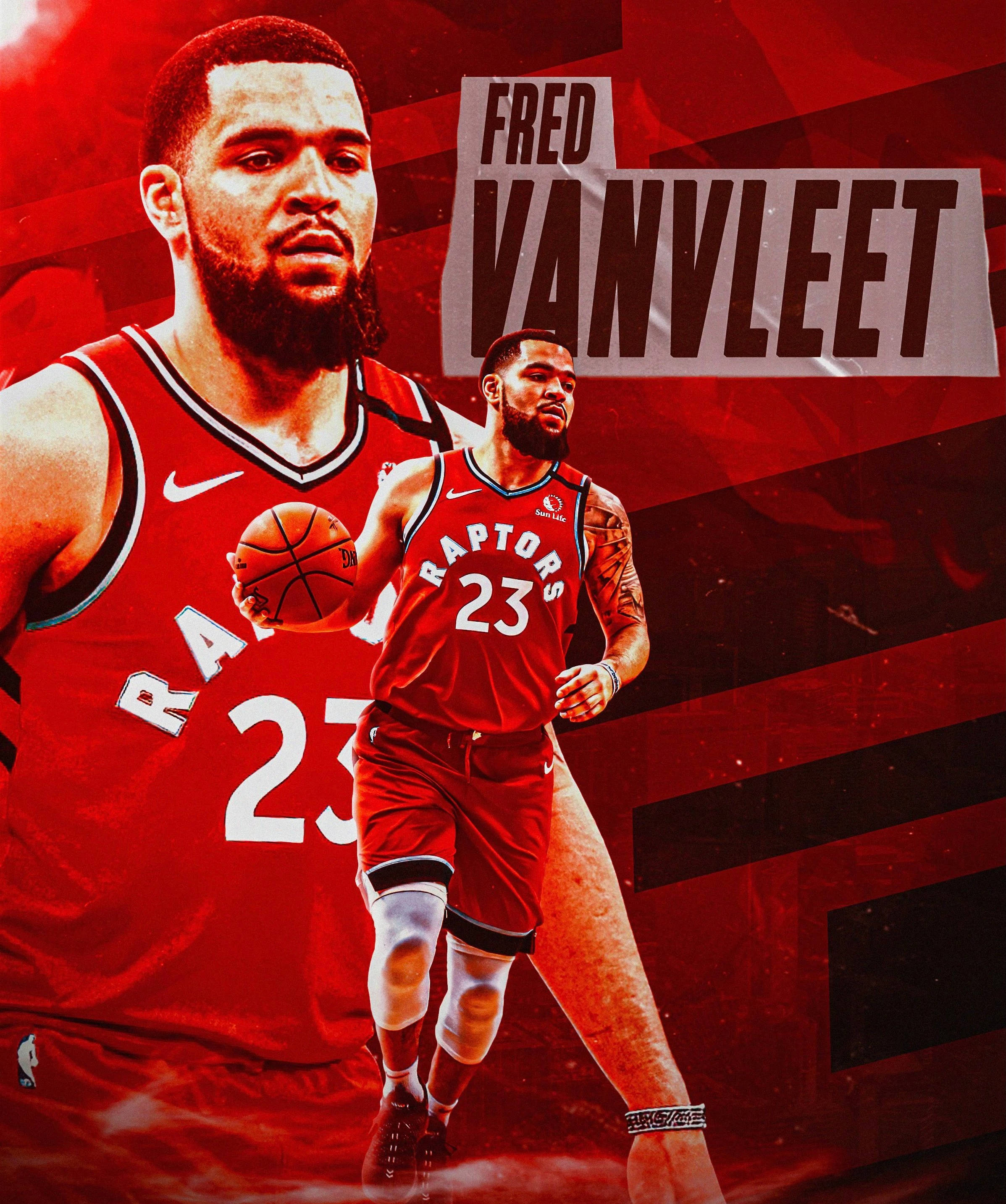 Fred Vanvleet 桌布 壁紙 — 一名身穿紅色Raptors球衣的動感籃球運動員，在鮮明的紅色圖形背景前，專注地運球。