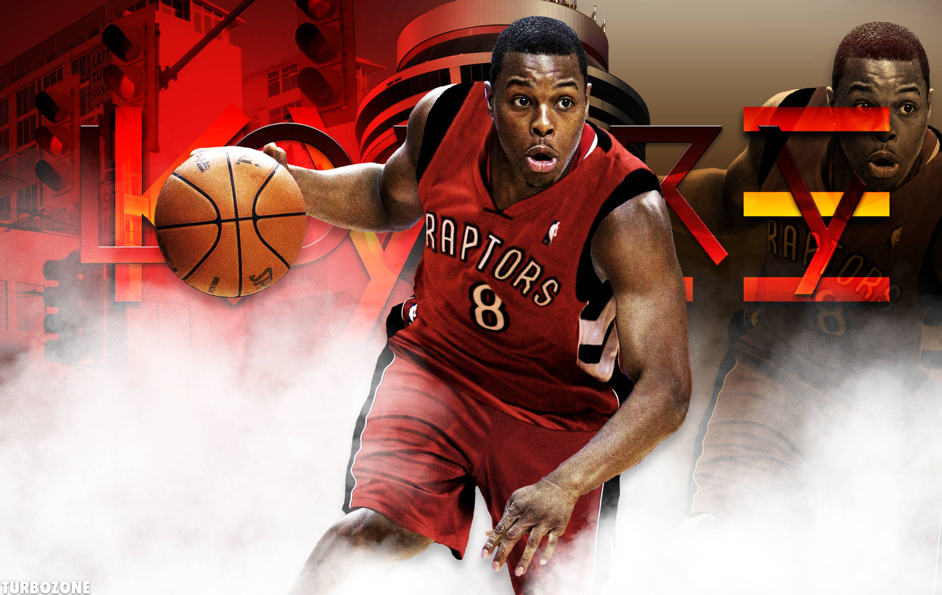 Lowry 桌布 壁紙 — 一名身穿紅色Raptors球衣的籃球運動員在煙霧中運球，背景是城市景觀和交通號誌。