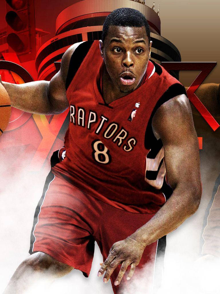 Lowry 桌布 壁紙 — 一名身穿紅色Raptors球衣的籃球運動員，在風格化的紅黑競技場背景下激烈運球。