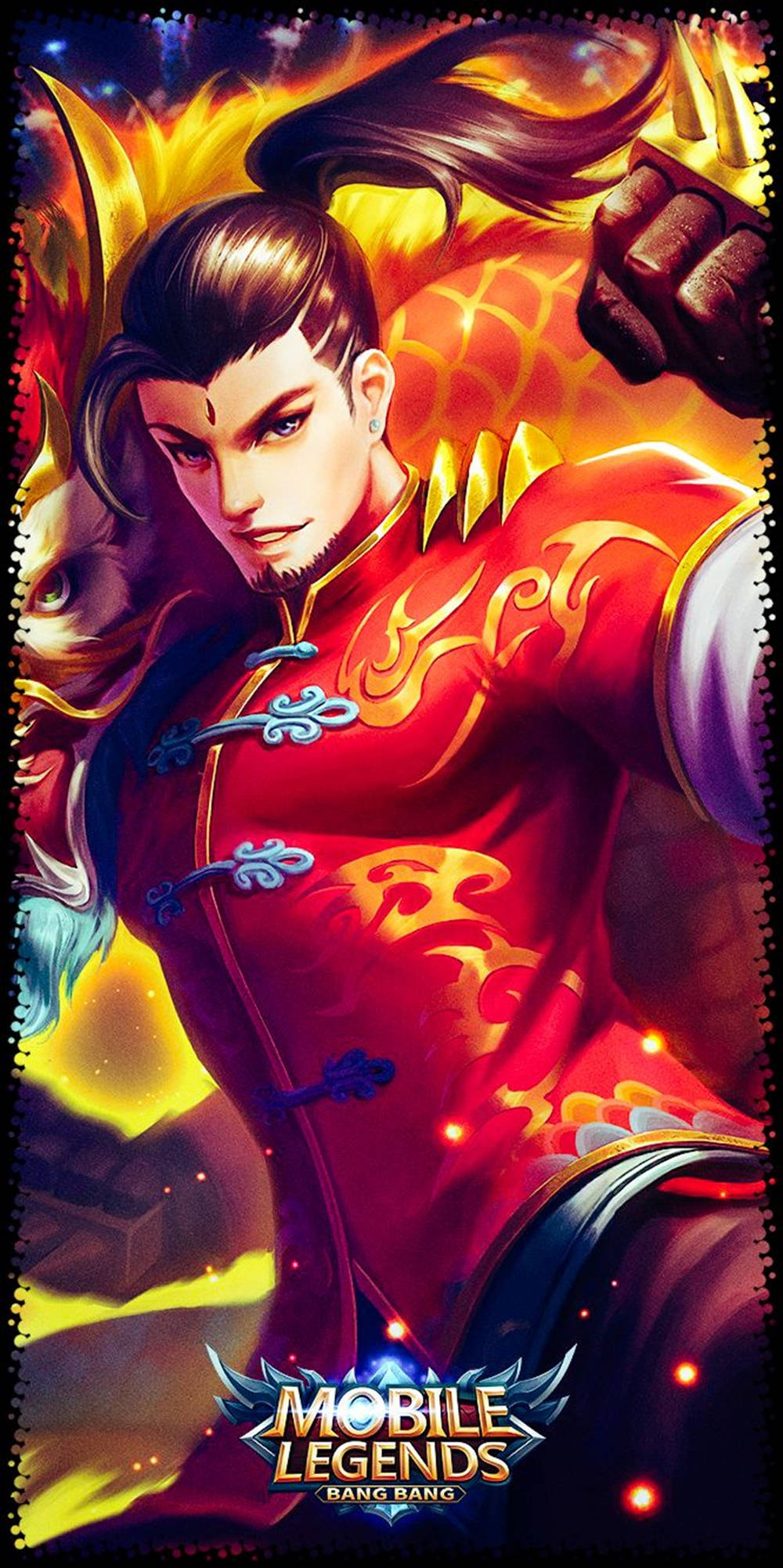 Mobile Legends 動態圖 桌布 壁紙 — 一名身穿紅色傳統盔甲的兇猛戰士，伴隨著熾熱的火焰和一條龍夥伴，站在宇宙背景前。