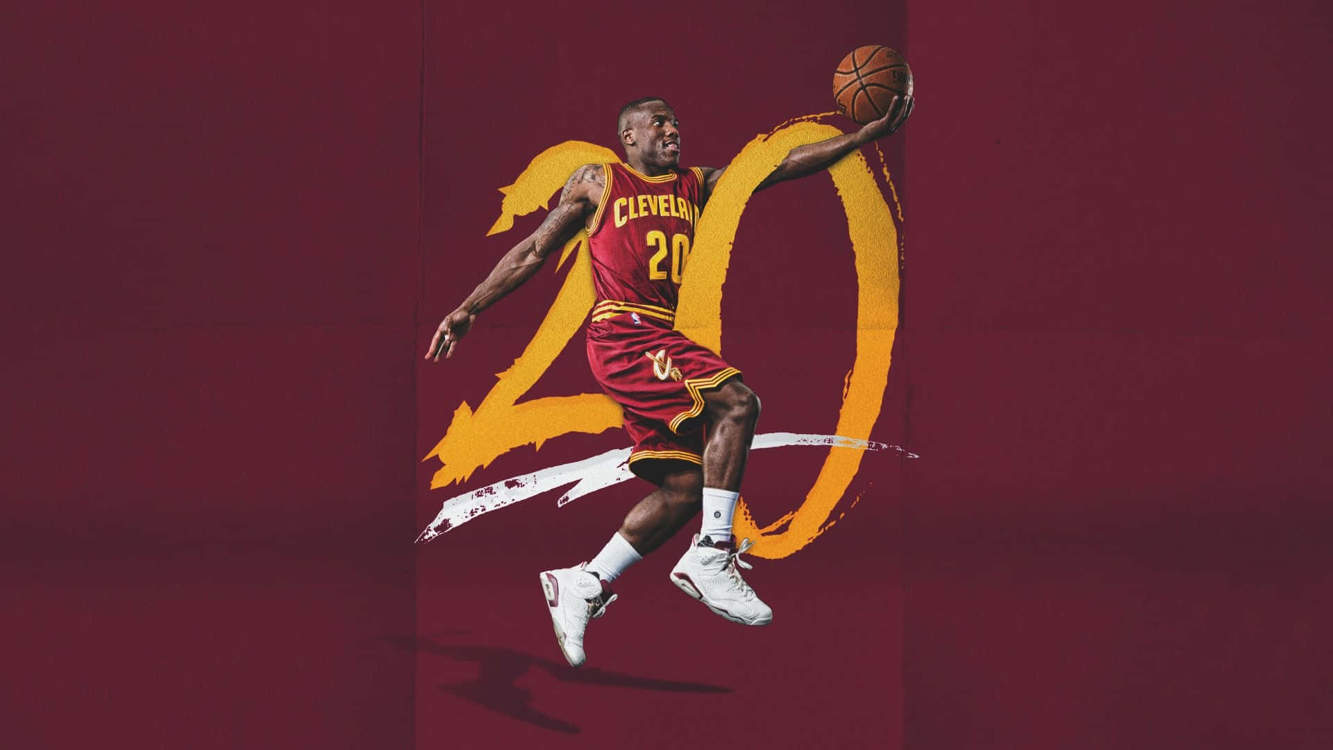 NBA 2k 桌布 壁紙 — 一名身穿紅色克里夫蘭球衣的籃球運動員，在帶有巨大黃色數字20的栗色背景上，動態地跳躍並持球。