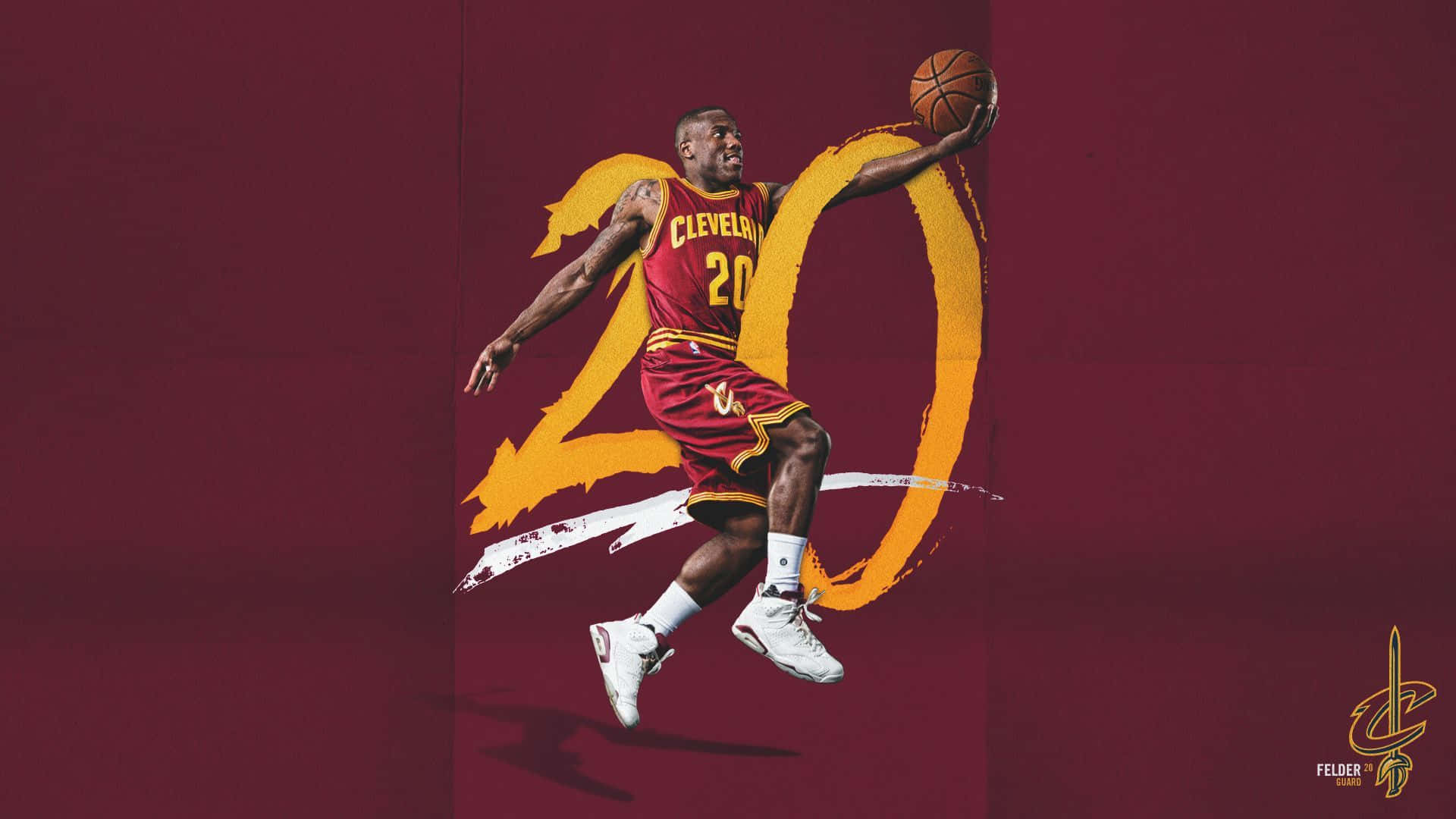Best NBA 桌布 壁紙 — 一名身穿紅色克里夫蘭球衣的籃球運動員，在栗色背景上有一個大大的黃色數字20，動態地跳起並持球。