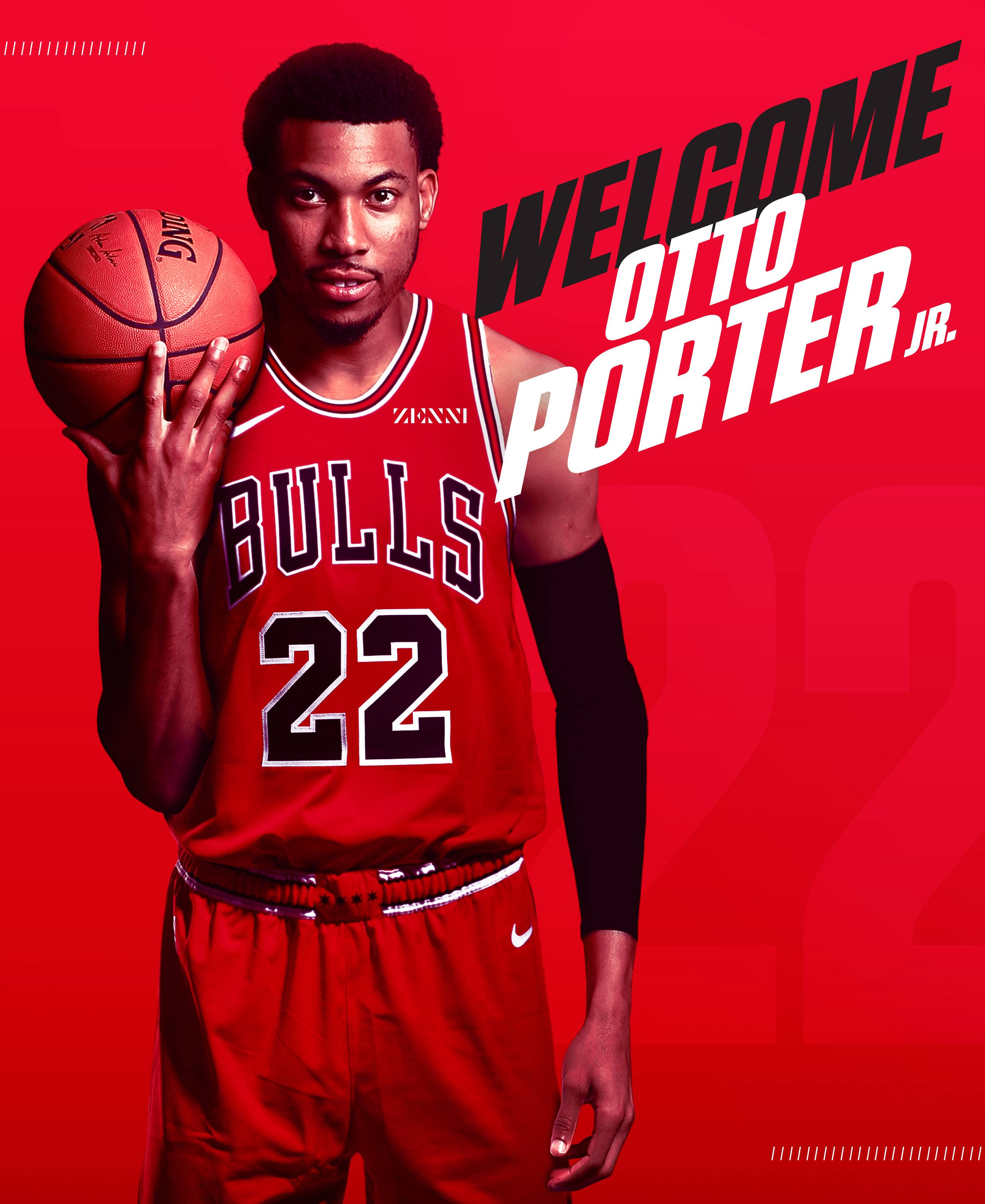 Otto 桌布 壁紙 — 一名身穿紅色公牛隊球衣的籃球運動員，在帶有 'WELCOME OTTO PORTER JR.' 文字的醒目紅色背景前持球。
