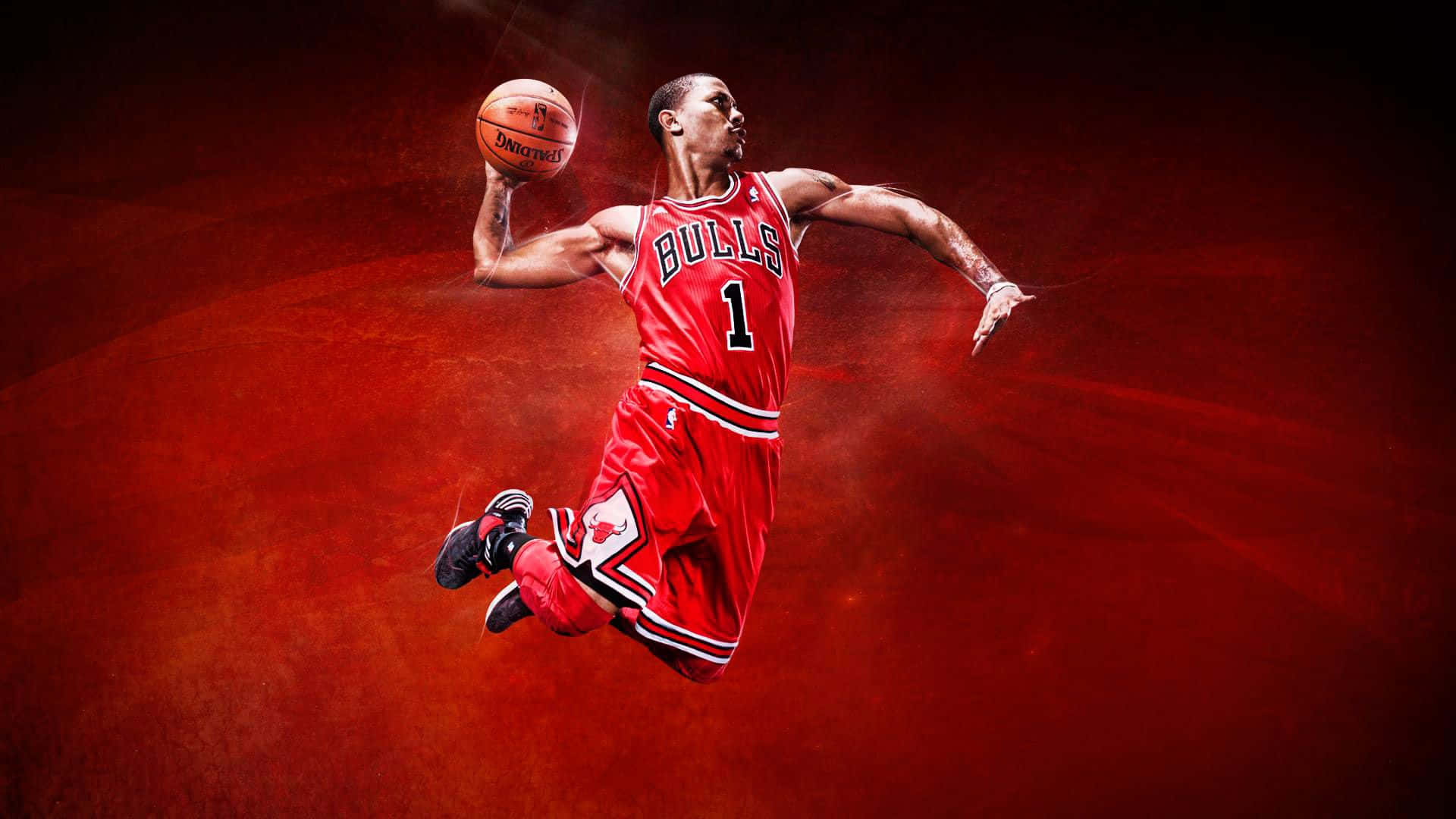 1080p Basketball 桌布 壁紙 — 一名身穿紅色公牛隊球衣的籃球運動員，在火紅紋理背景前動態躍起。