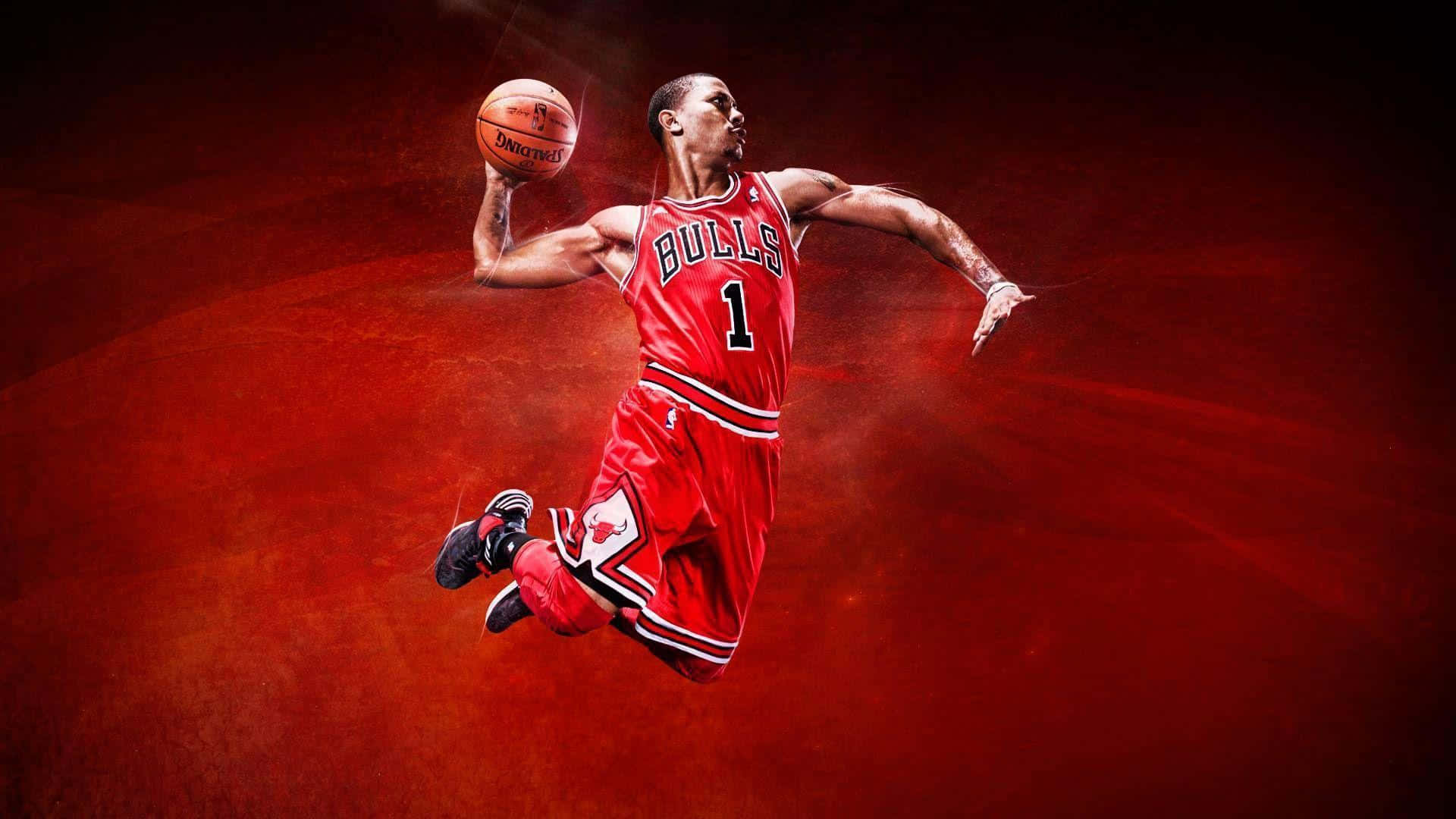 derrick rose 桌布 壁紙 — 一名身穿紅色公牛隊球衣的籃球運動員，在火紅紋理背景前動態跳躍，手持籃球。