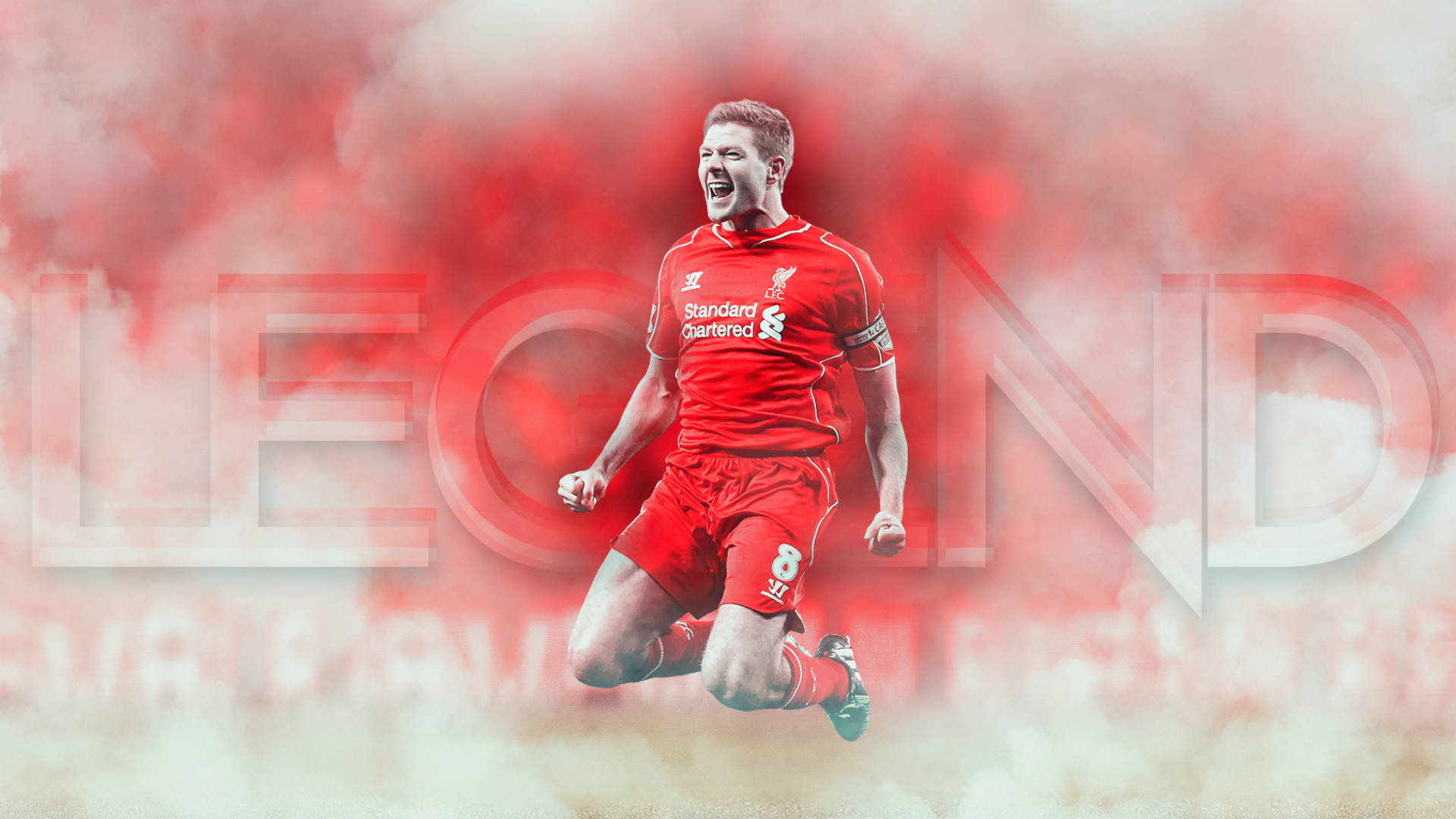 Steven Gerrard 桌布 壁紙 — 一名身穿紅色利物浦球衣的足球員，在紅色煙霧中勝利躍起，身後有發光的「LEGEND」字樣。