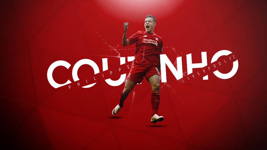 Coutinho 桌布 壁紙 — 一名身穿紅色利物浦球衣的足球員在鮮明的紅色幾何背景前，以大型白色字體展示他的名字，勝利地慶祝。