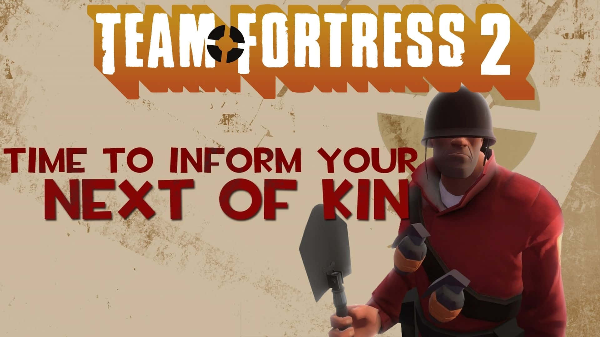 1920x1080 Tf2 桌布 壁紙 — 一名身穿紅色制服和頭盔的士兵，在帶有紋理的米色背景上拿著鏟子，並有粗體遊戲標題文字。