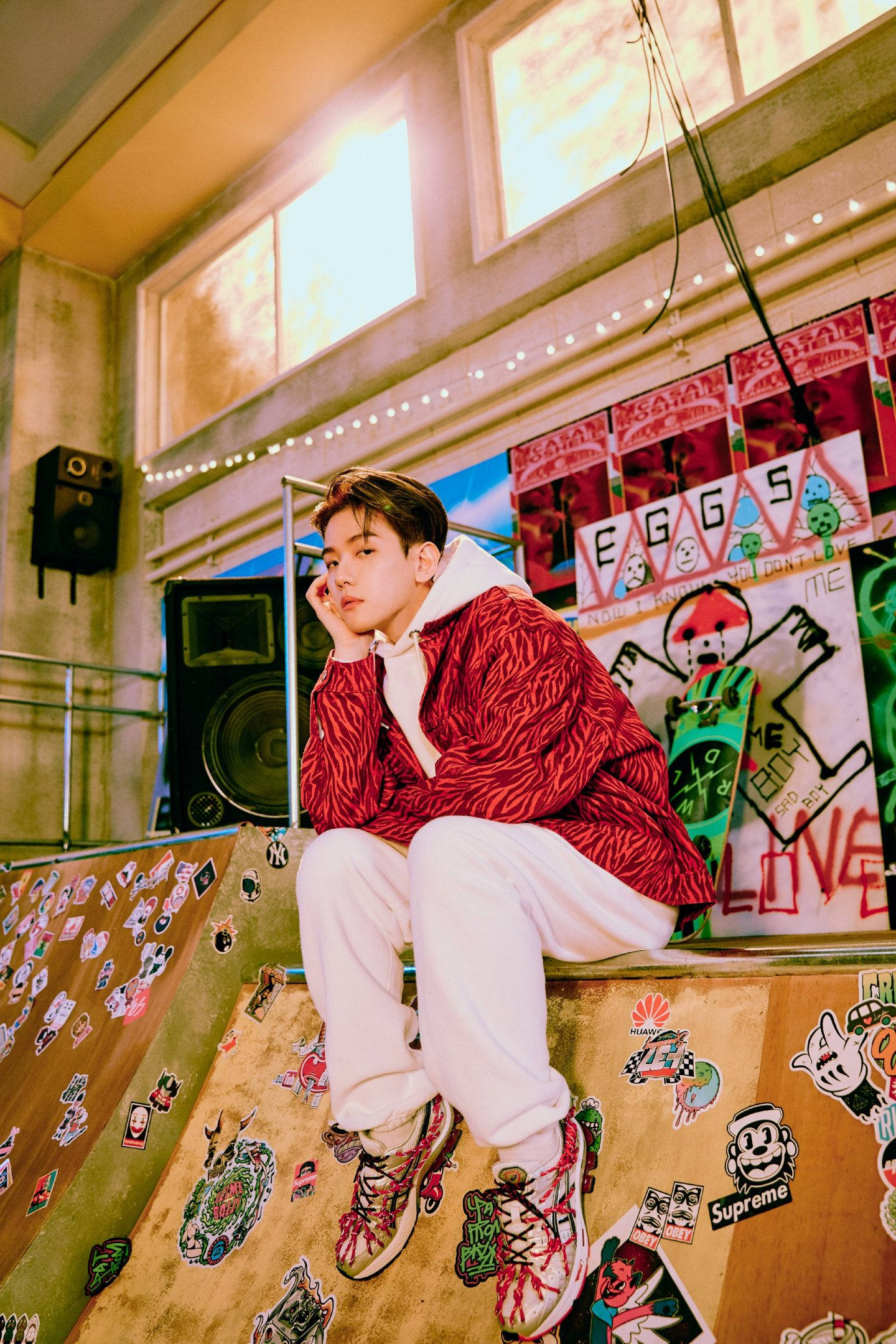 EXO 桌布 壁紙 — 一名身穿紅色圖案外套的年輕男子，隨意地坐在一個被塗鴉覆蓋、沐浴在溫暖陽光下的滑板坡道上。