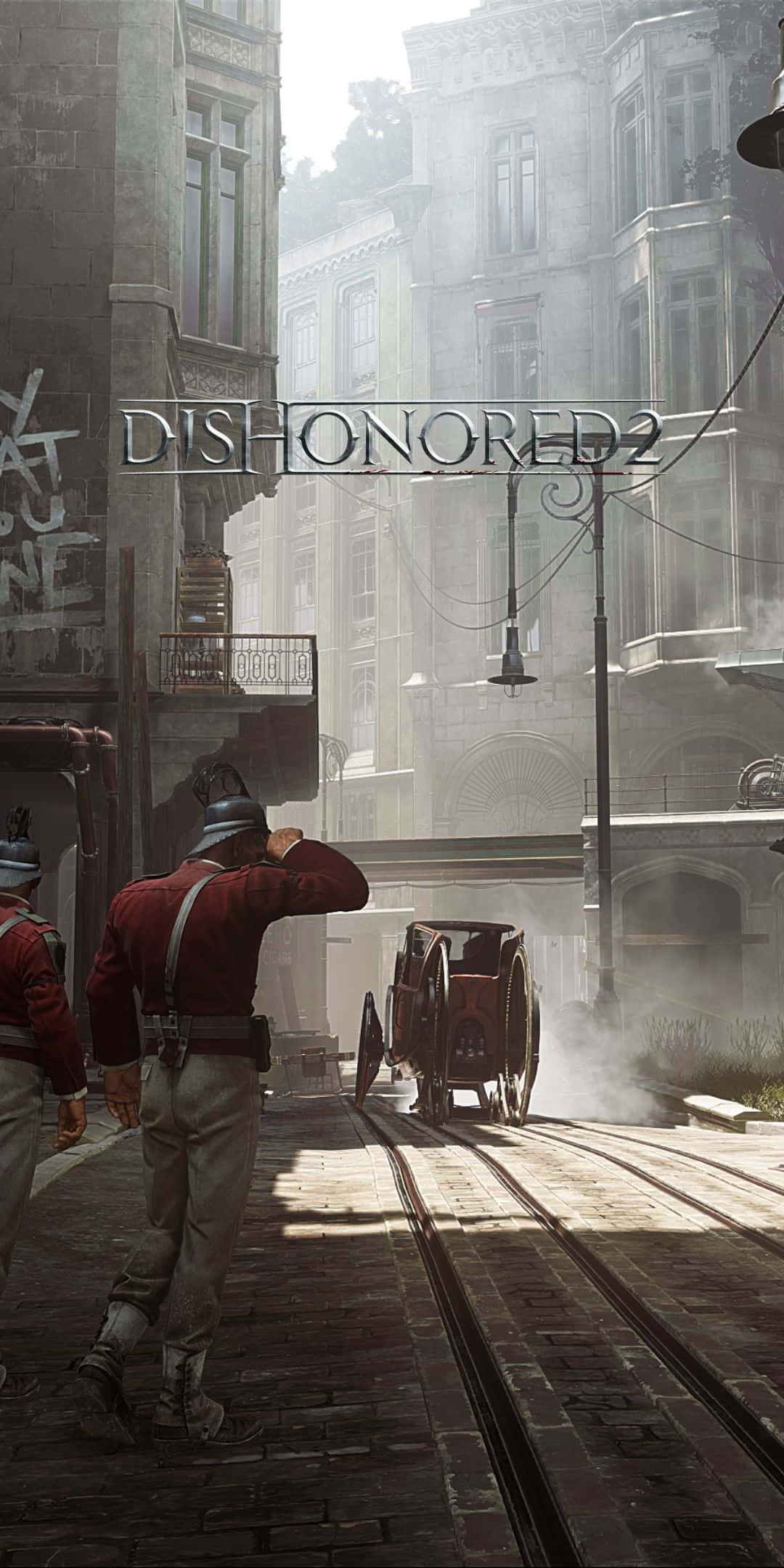 Pixel 3 Dishonored 2 桌布 壁紙 — 一名身穿紅色外套的士兵在霧氣瀰漫的維多利亞時代城市街道上敬禮，街道上有蒸汽車和華麗建築。