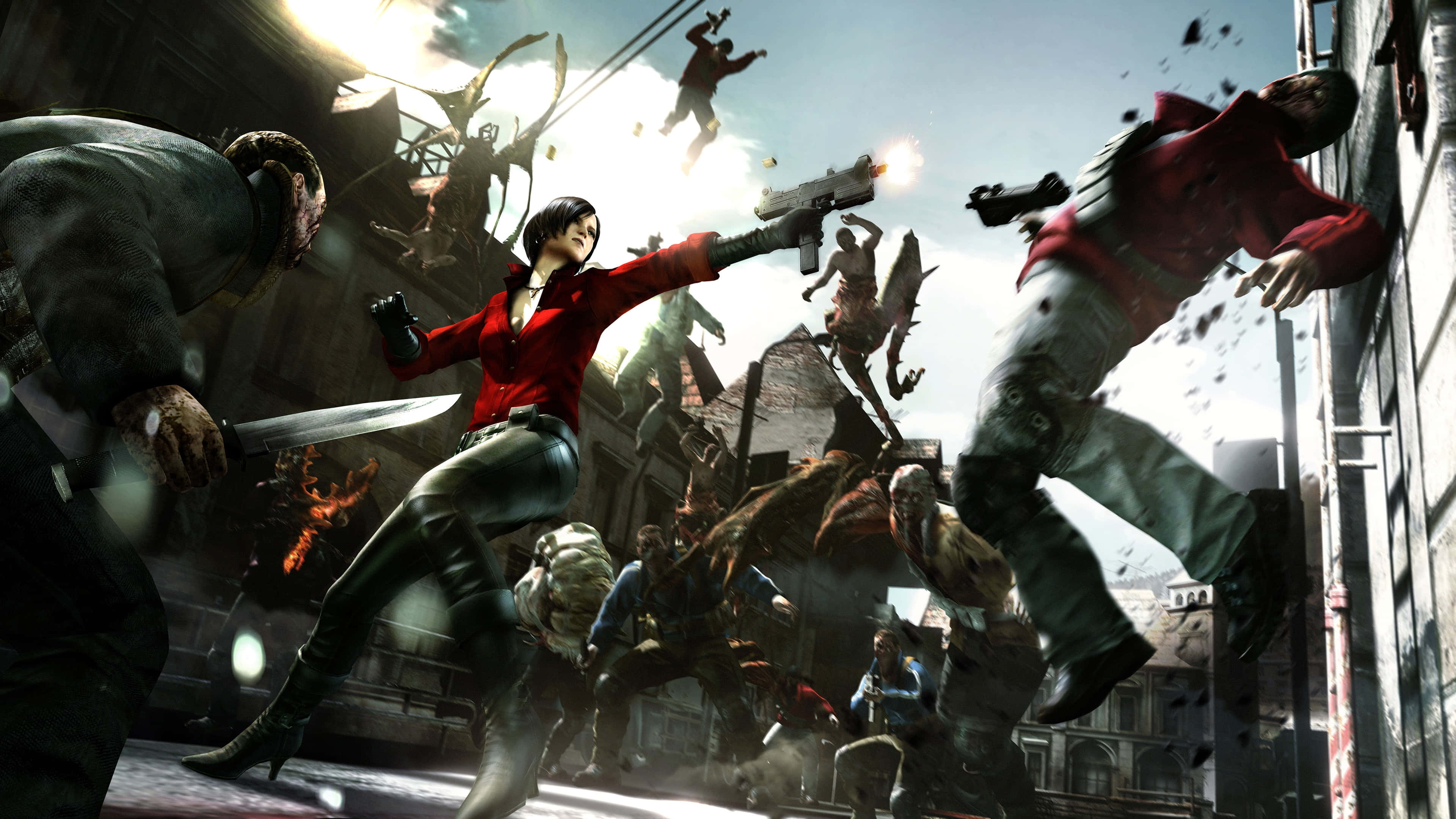 Resident Evil Characters 桌布 壁紙 — 一名身穿紅色外套的女子在混亂的城市街頭戰鬥中，與殭屍搏鬥，槍火四射，屍體橫飛。