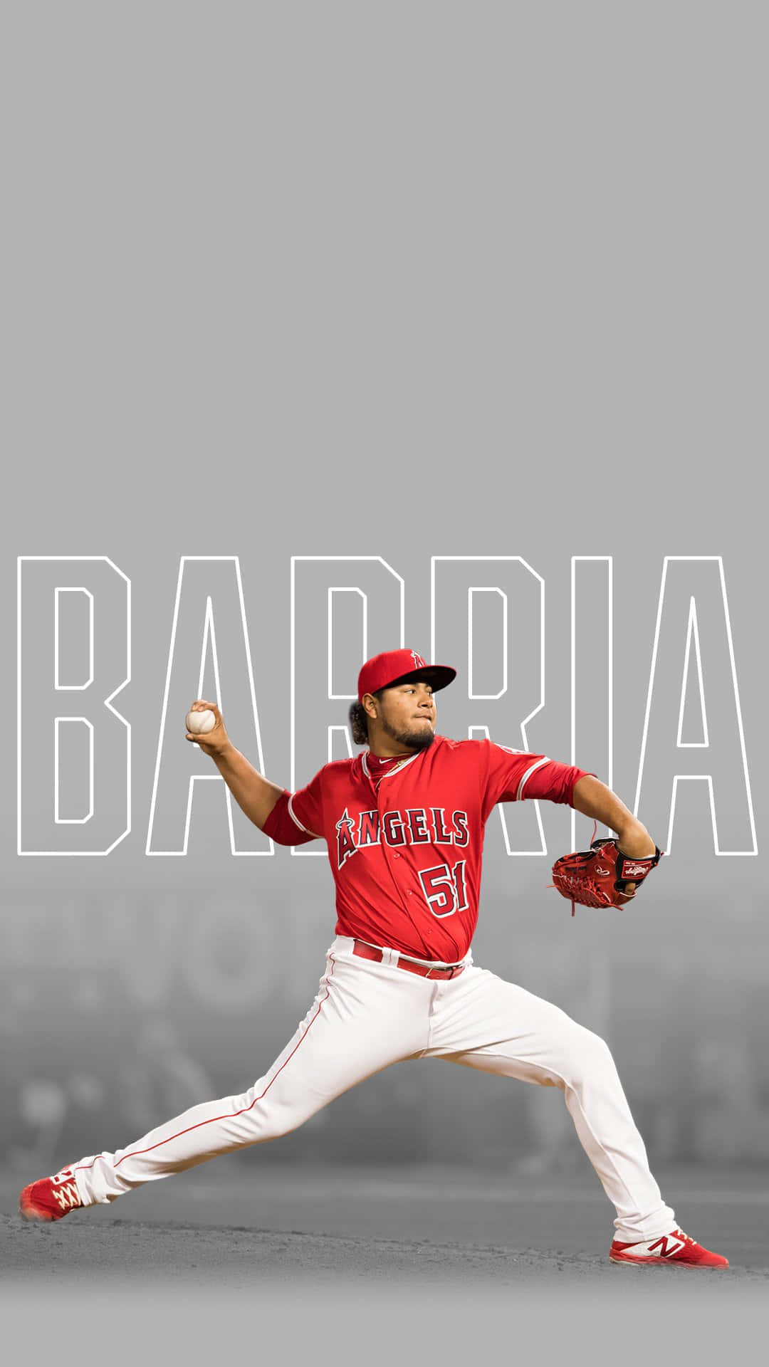 MLB Baseball League 桌布 壁紙 — 一名身穿紅色天使隊球衣的棒球投手正在投球，背景為模糊的球場，並帶有 'BARRIA' 文字疊加。