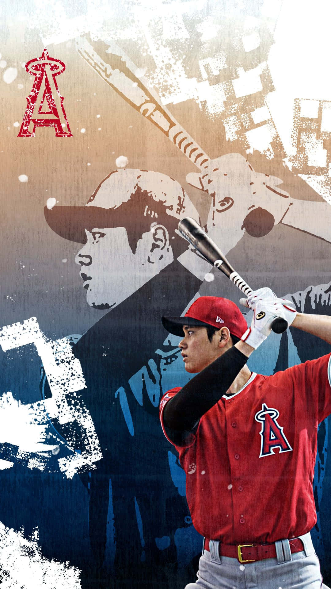 MLB Baseball League 桌布 壁紙 — 一名身穿紅色天使隊球衣的棒球選手，在帶有褪色球隊標誌和剪影的粗糙紋理背景上揮棒。