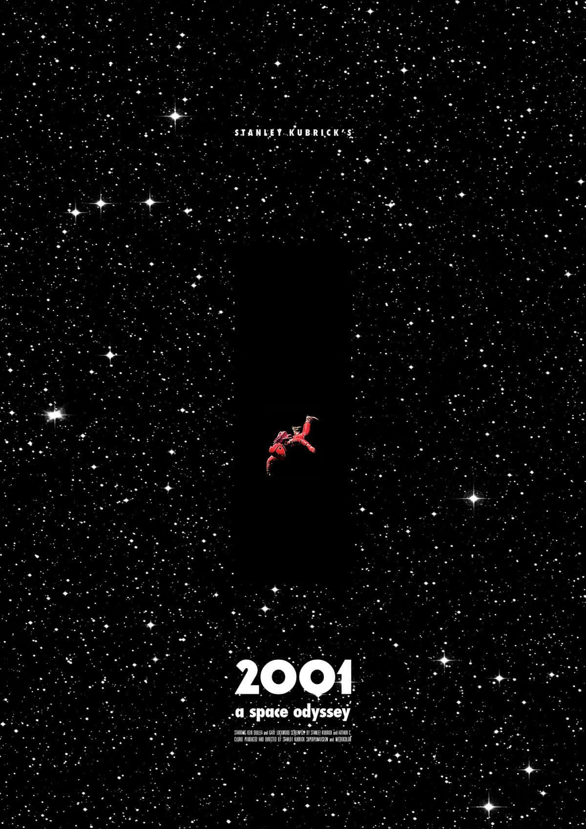 2001 A Space Odyssey 桌布 壁紙 — 一名身穿紅色太空衣的孤獨太空人在電影標題2001 a space odyssey下，於廣闊星空中無重漂浮。