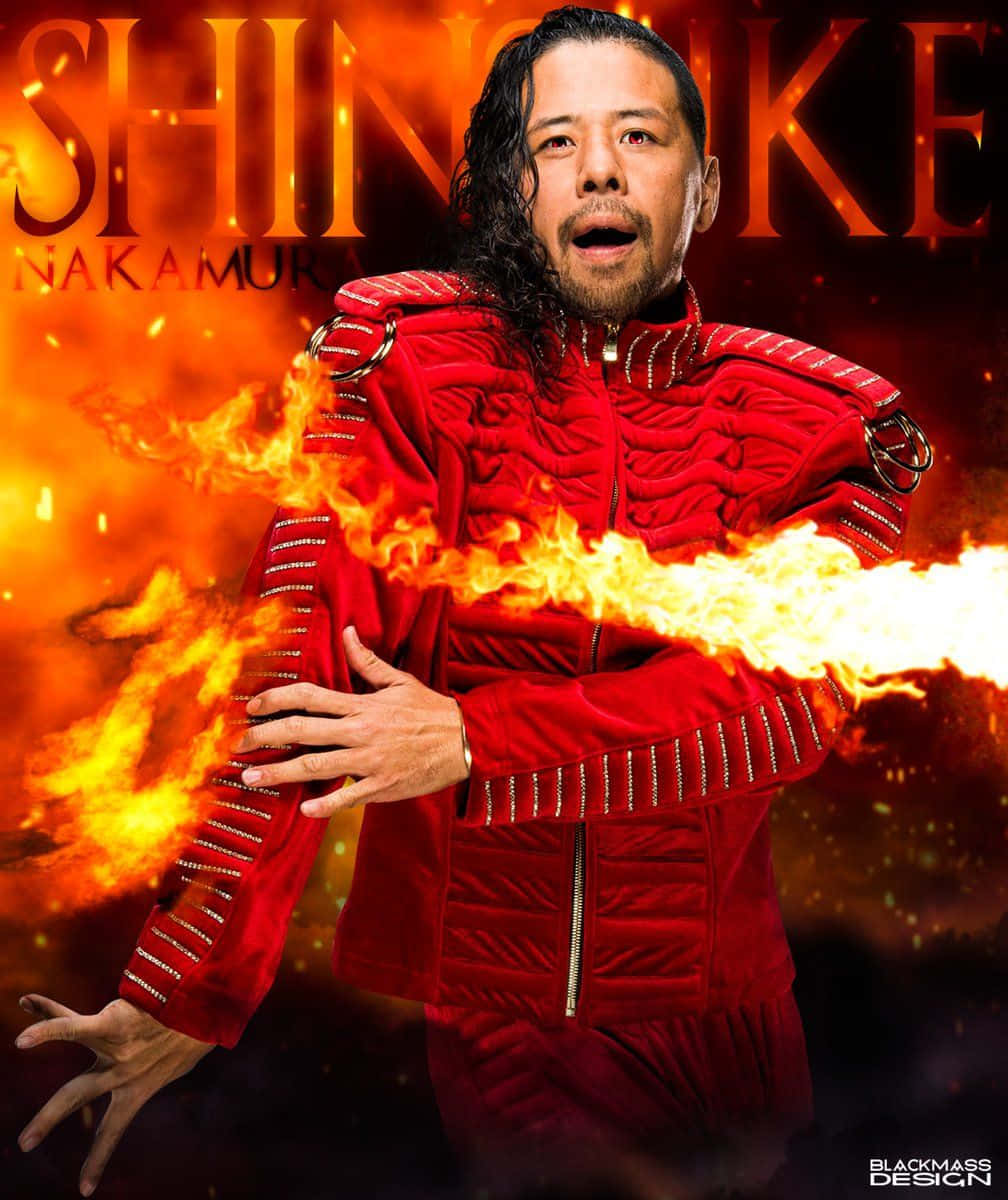 poster 桌布 壁紙 — 一名身穿紅色戰衣的摔角手，在熾熱的橙色背景前，從手中釋放出火焰般的能量。