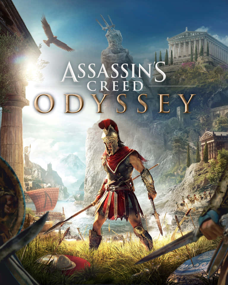 Assassin's Creed Alexios 桌布 壁紙 — 一名身穿紅色斗篷和頭盔的斯巴達戰士，在明亮的陽光下，以古希臘神廟和懸崖為背景，手持劍和矛準備就緒。