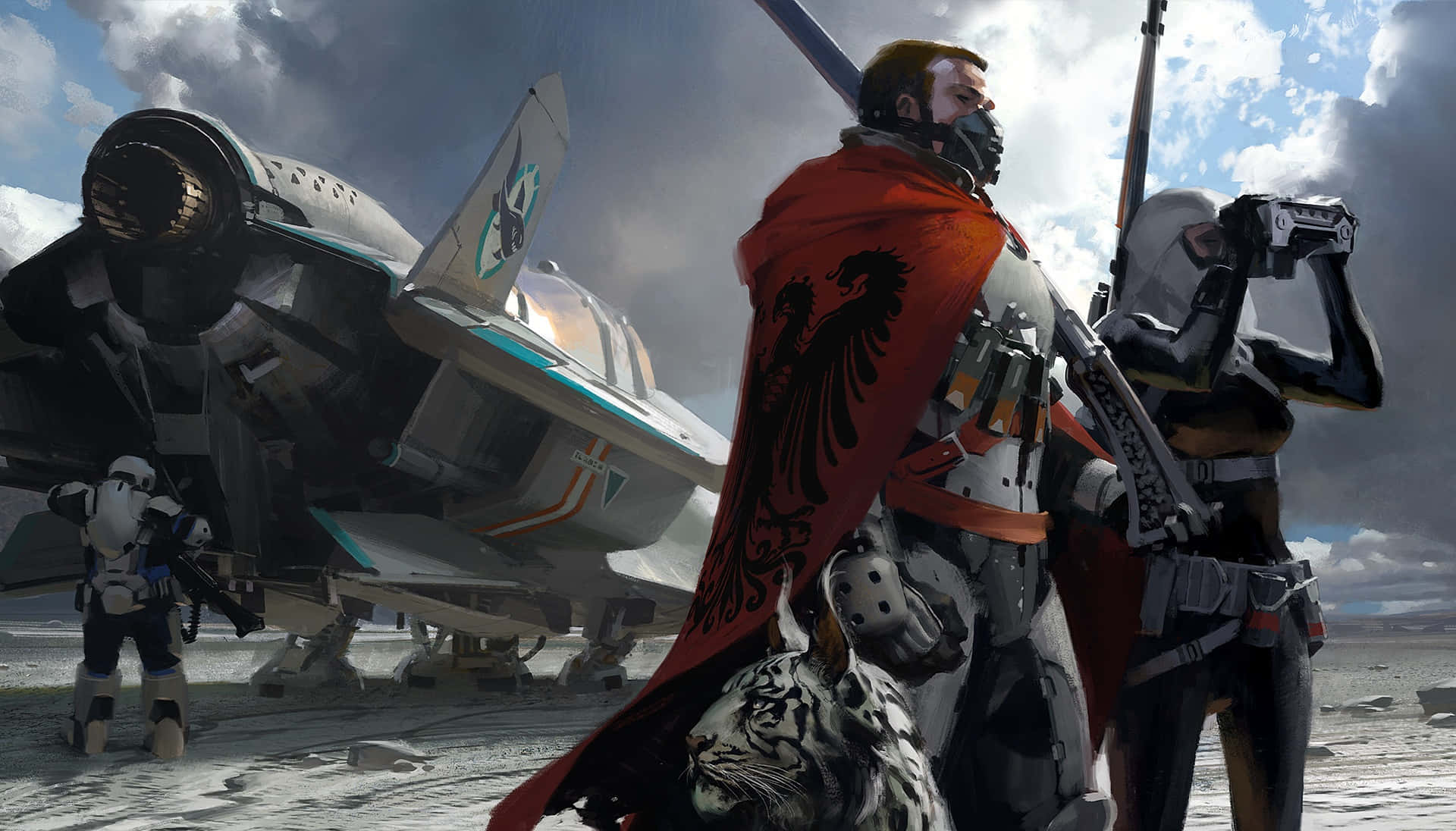 Destiny Characters 桌布 壁紙 — 一名身穿紅色斗篷的戰士站在一架未來風格的噴射機旁，背景是暴風雨天空下的荒涼戰場。