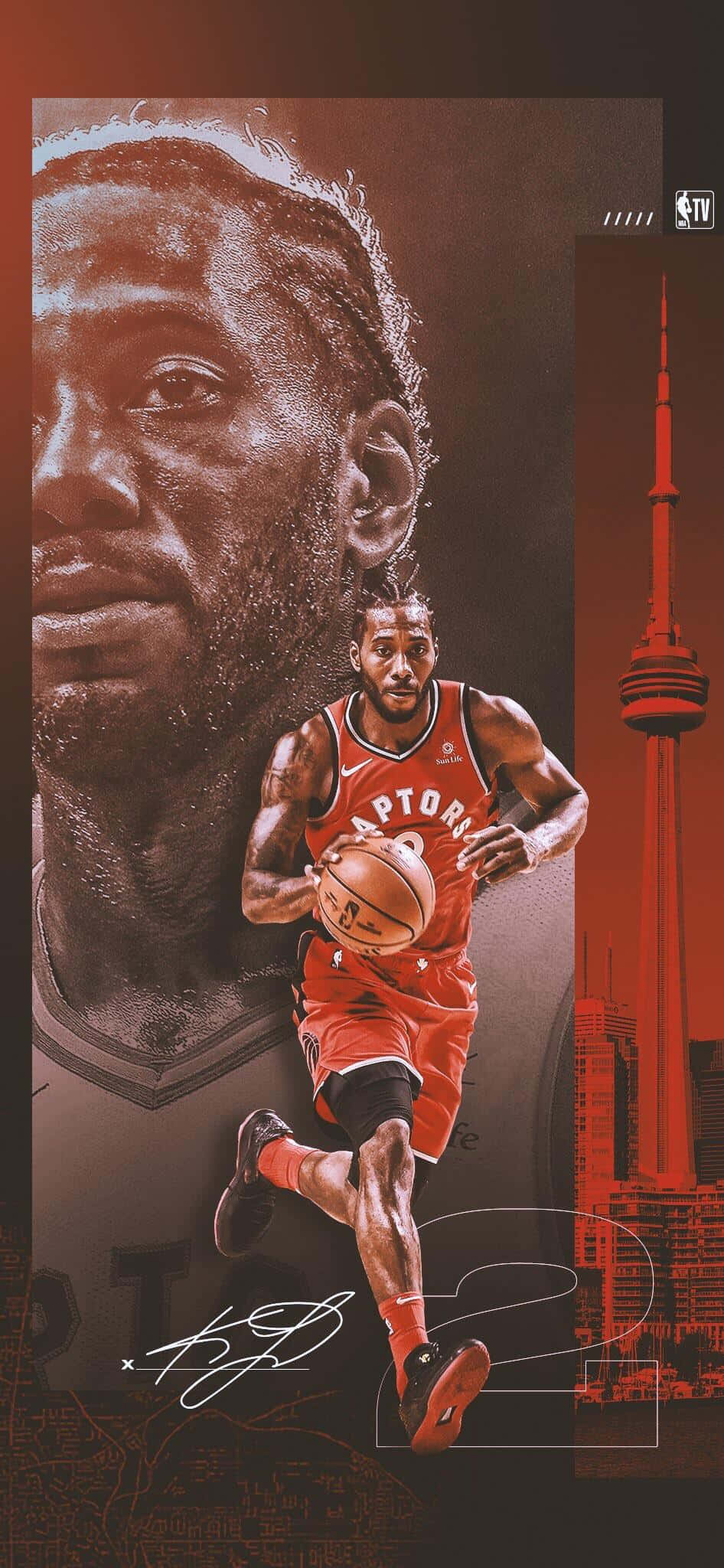 NBA 桌布 壁紙 — 一名身穿紅色暴龍隊裝備的動感籃球運動員，在CN塔背景下運球經過一幅巨大的肖像畫。
