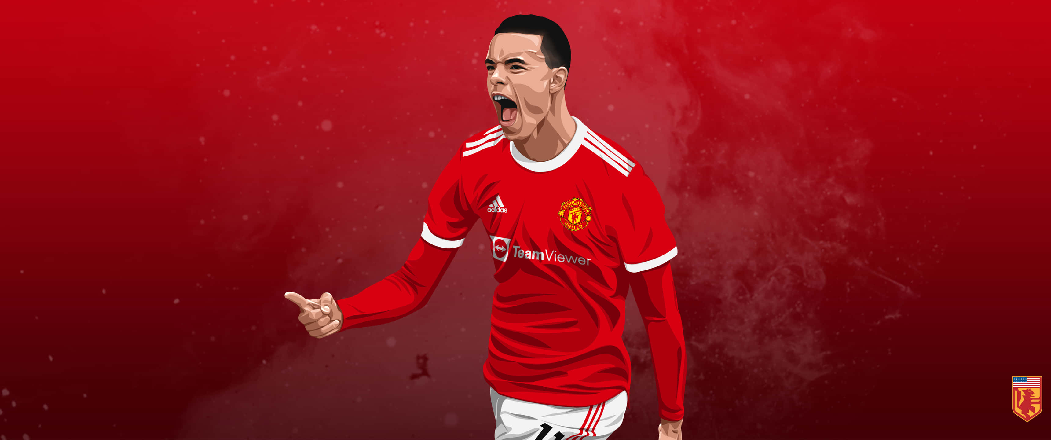 Manchester United Team 桌布 壁紙 — 一名身穿紅色曼聯球衣的足球員，張開嘴巴並用手指指著，在紋理紅色背景前慶祝。