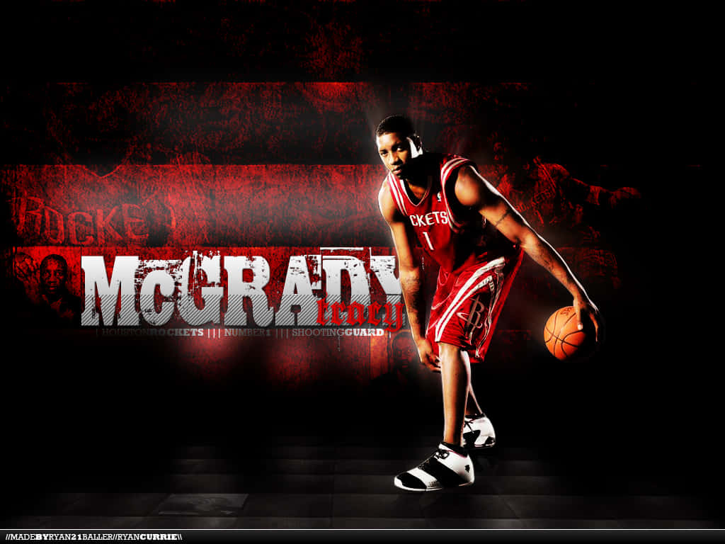 Tracy Mcgrady 桌布 壁紙 — 一名身穿紅色火箭隊球衣的籃球運動員在深紅色紋理背景前運球，他的名字以粗體白色字母呈現。
