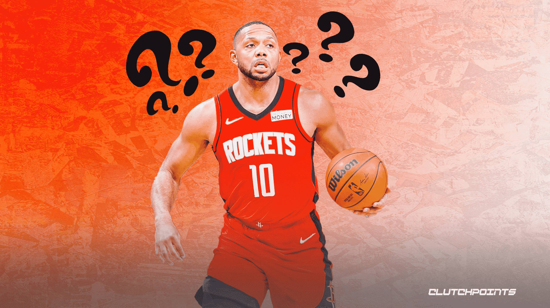 eric gordon 桌布 壁紙 — 一名身穿紅色火箭隊球衣的籃球運動員，在橙色紋理背景上，手持一個周圍漂浮著問號的籃球。