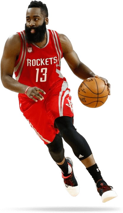 Houston Rockets 桌布 壁紙 — 一名身穿紅色火箭隊球衣的籃球運動員在黑色背景下跨步運球。