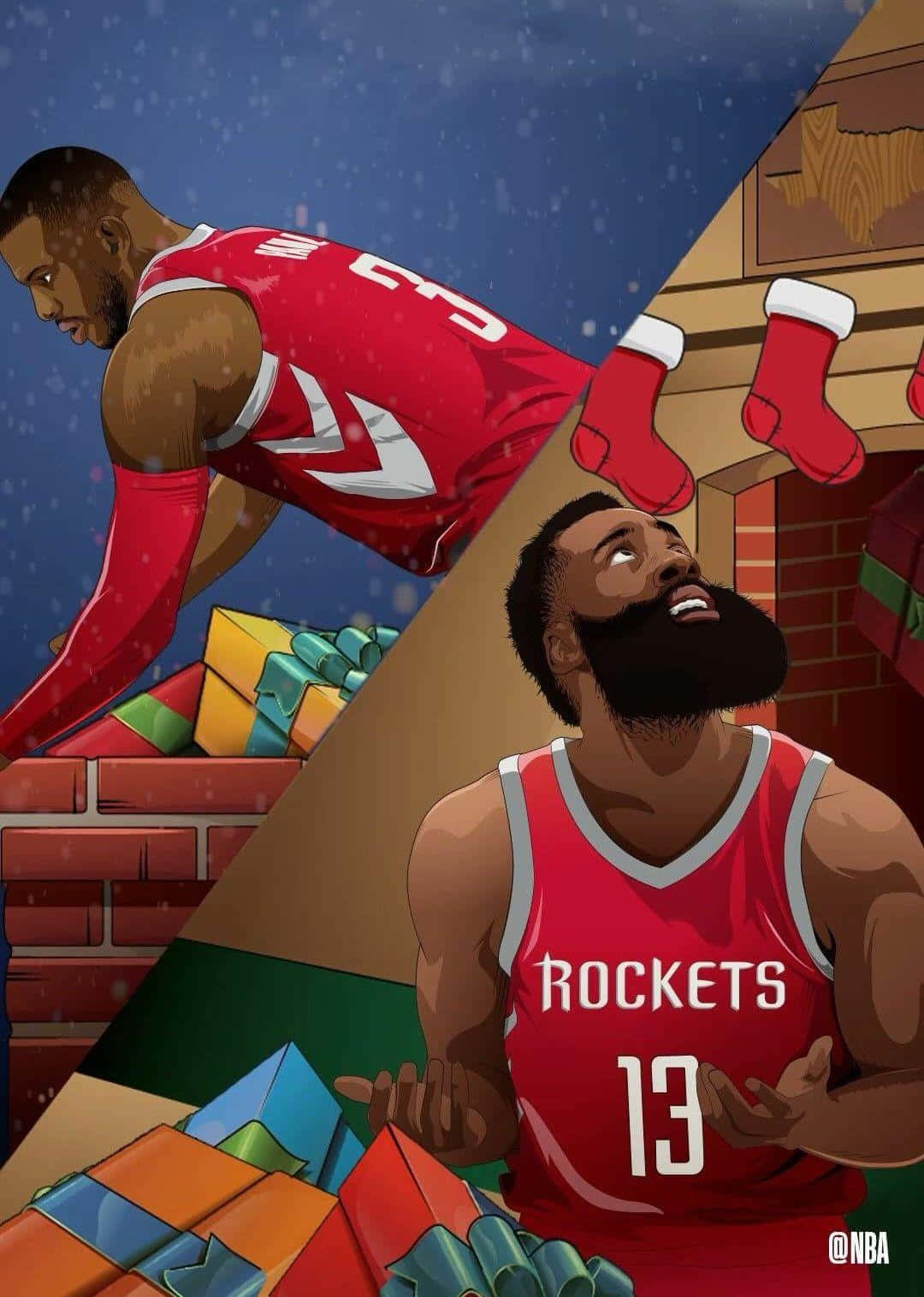 NBA聖誕節 桌布 壁紙 — 一名身穿紅色火箭隊球衣的籃球運動員爬上積雪的煙囪，另一人驚訝地抬頭觀看，周圍有禮物和聖誕襪。