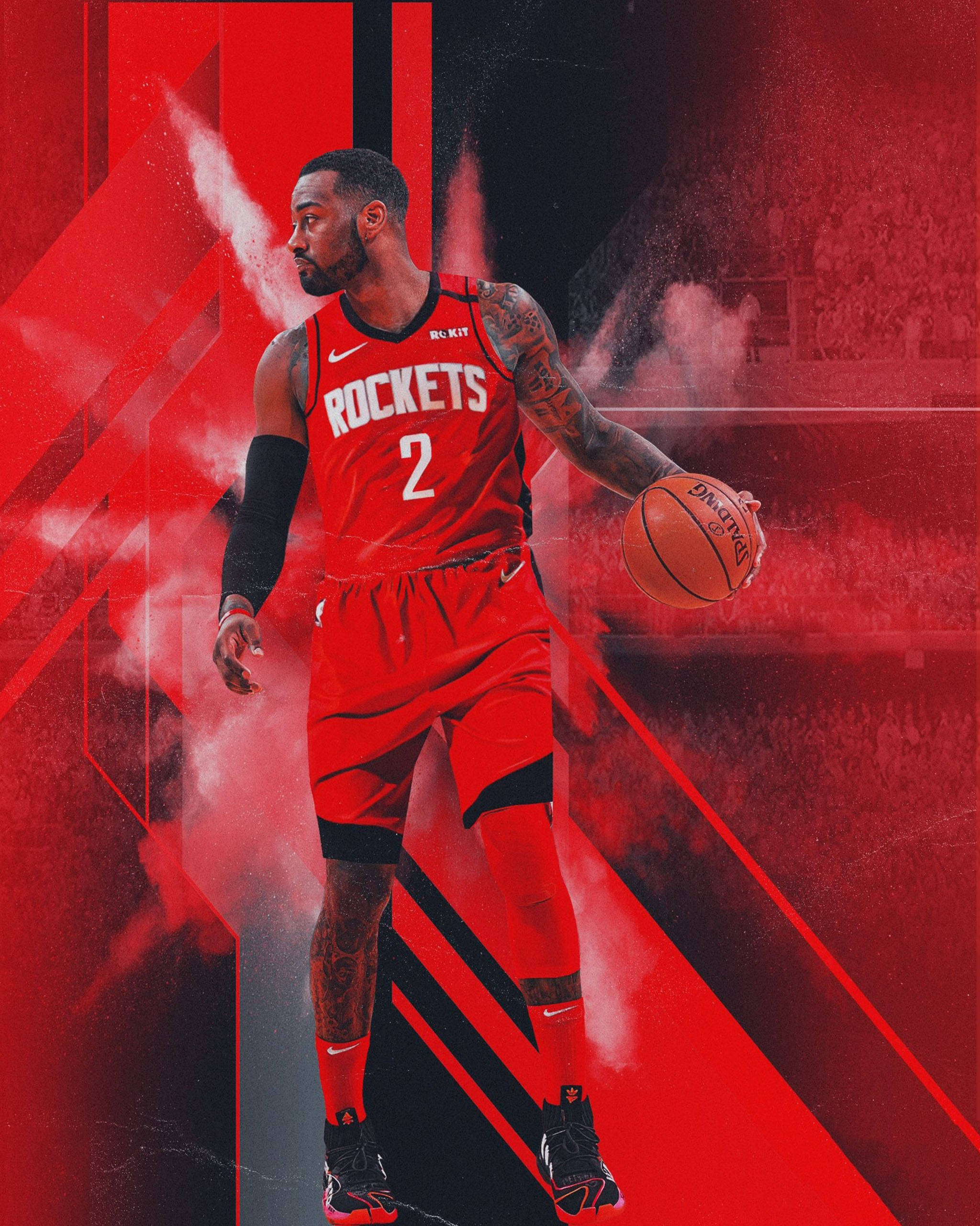 John Wall 桌布 壁紙 — 一名身穿紅色火箭隊球衣的籃球運動員，在帶有煙霧效果的動態紅黑抽象背景前持球。