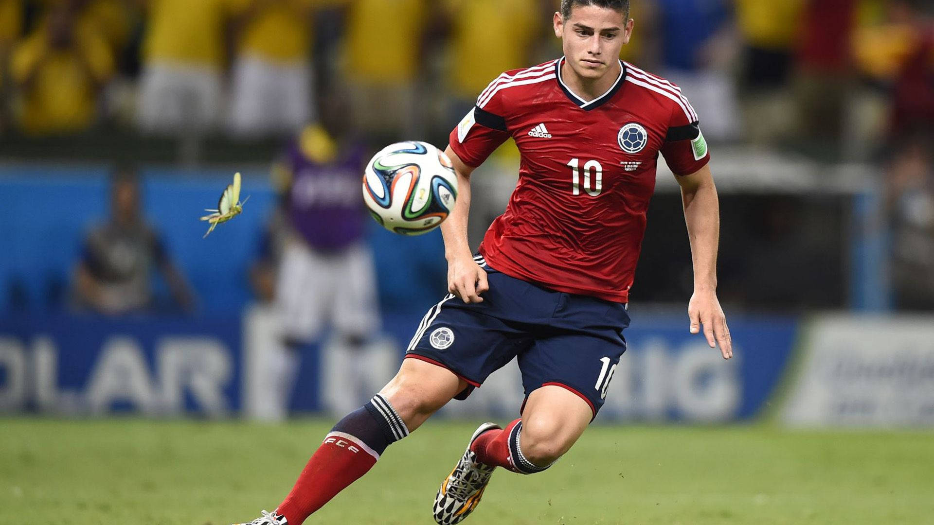 James Rodriguez 桌布 壁紙 — 一名身穿紅色球衣、背號10的足球運動員在球場燈光下的綠色場地上運球，球色彩繽紛。