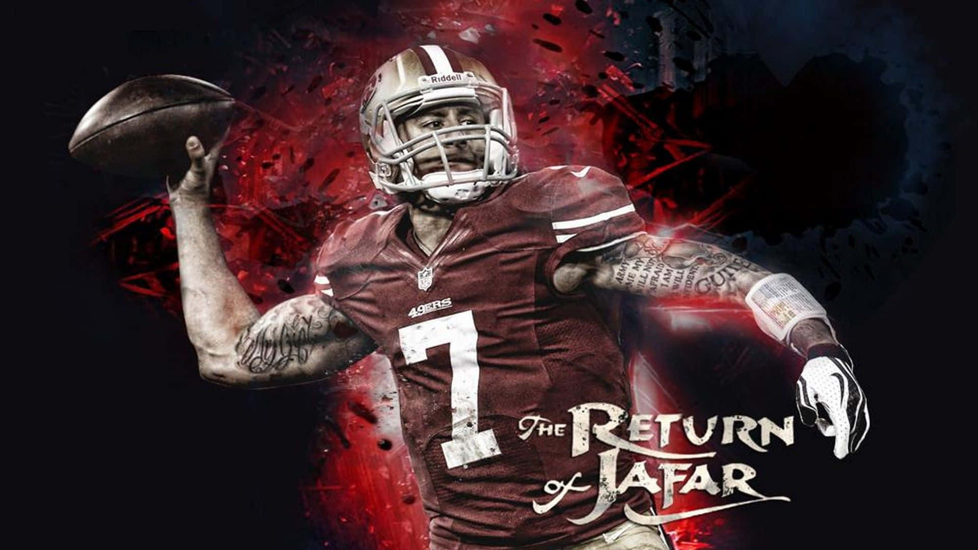 NFL 桌布 壁紙 — 一名身穿紅色球衣、號碼7的美式足球員，正準備在深紅色和黑色潑濺背景前擲球。