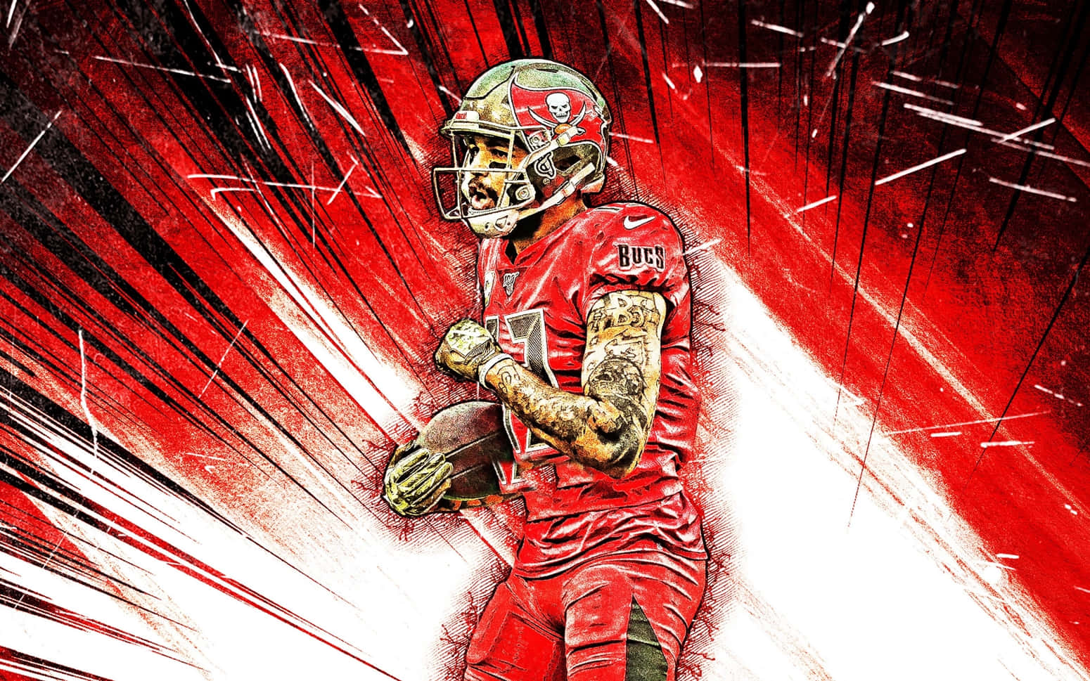 Mike Evans 桌布 壁紙 — 一名身穿紅色球衣的坦帕灣海盜隊美式足球員，在動態的紅白條紋背景中持球奔跑。