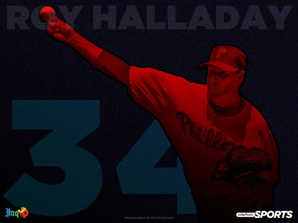 roy halladay 桌布 壁紙 — 一名身穿紅色球衣的棒球投手在深色背景下投球，背景有大型藍色34號和他的名字。