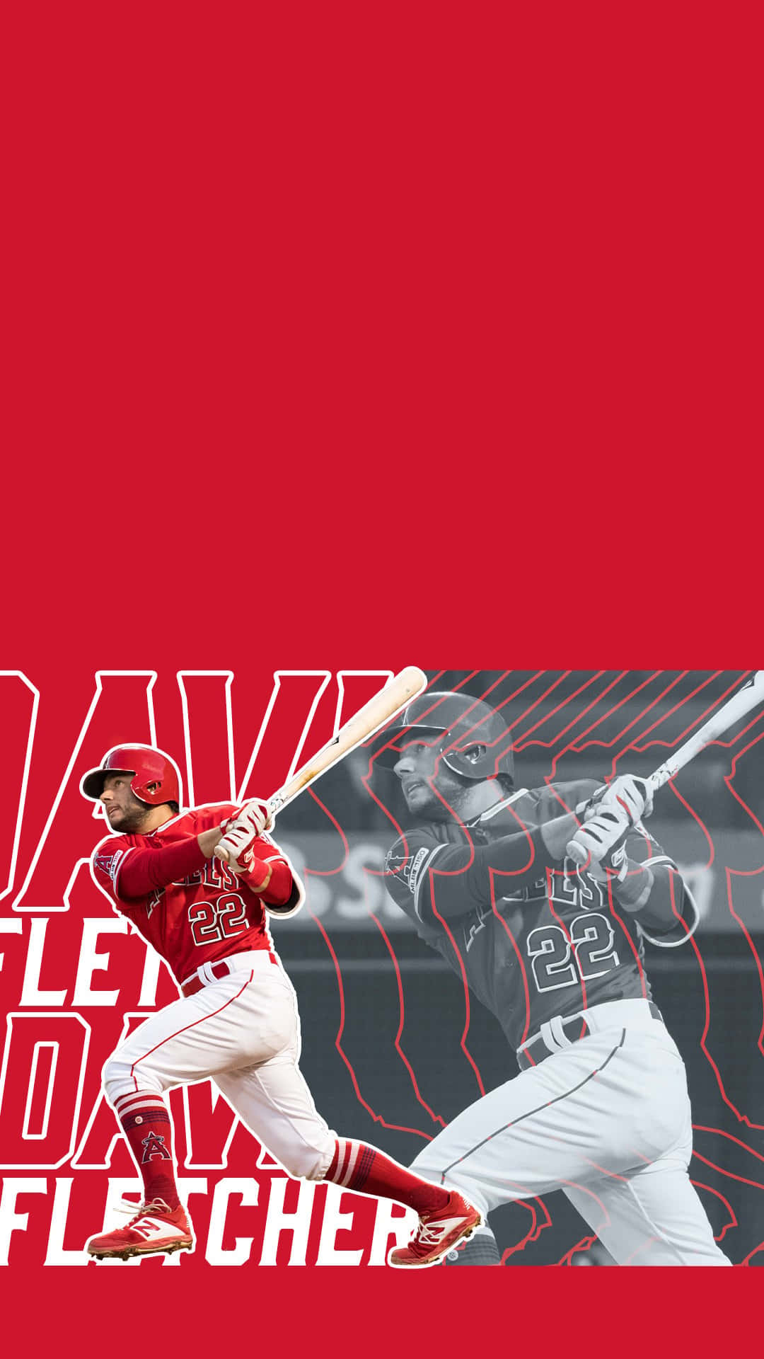 MLB Baseball League 桌布 壁紙 — 一名身穿紅色球衣的棒球選手在鮮紅色背景、風格化文字和單色動作疊加效果中揮棒。