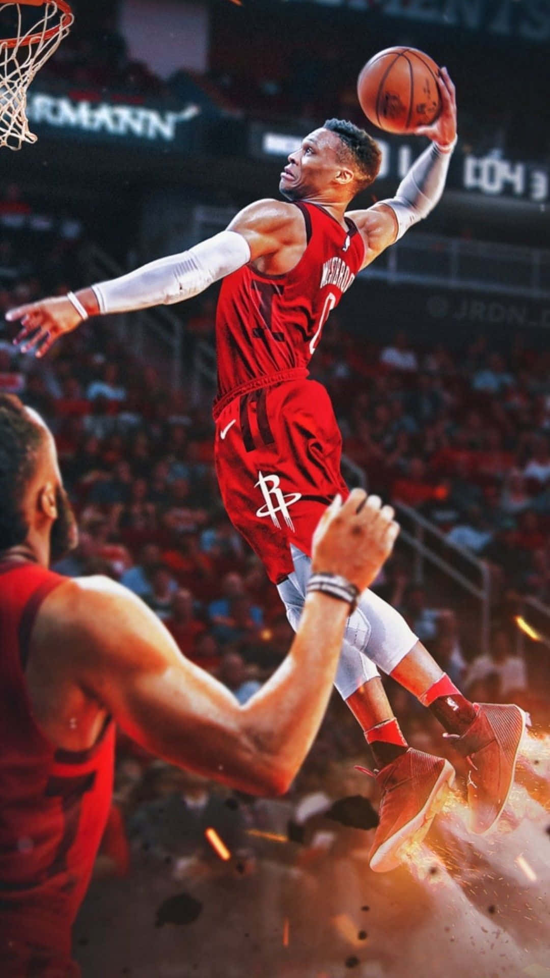 Aesthetic NBA 桌布 壁紙 — 一名身穿紅色球衣的籃球運動員動態地跳向籃框，腳下爆發出火花。