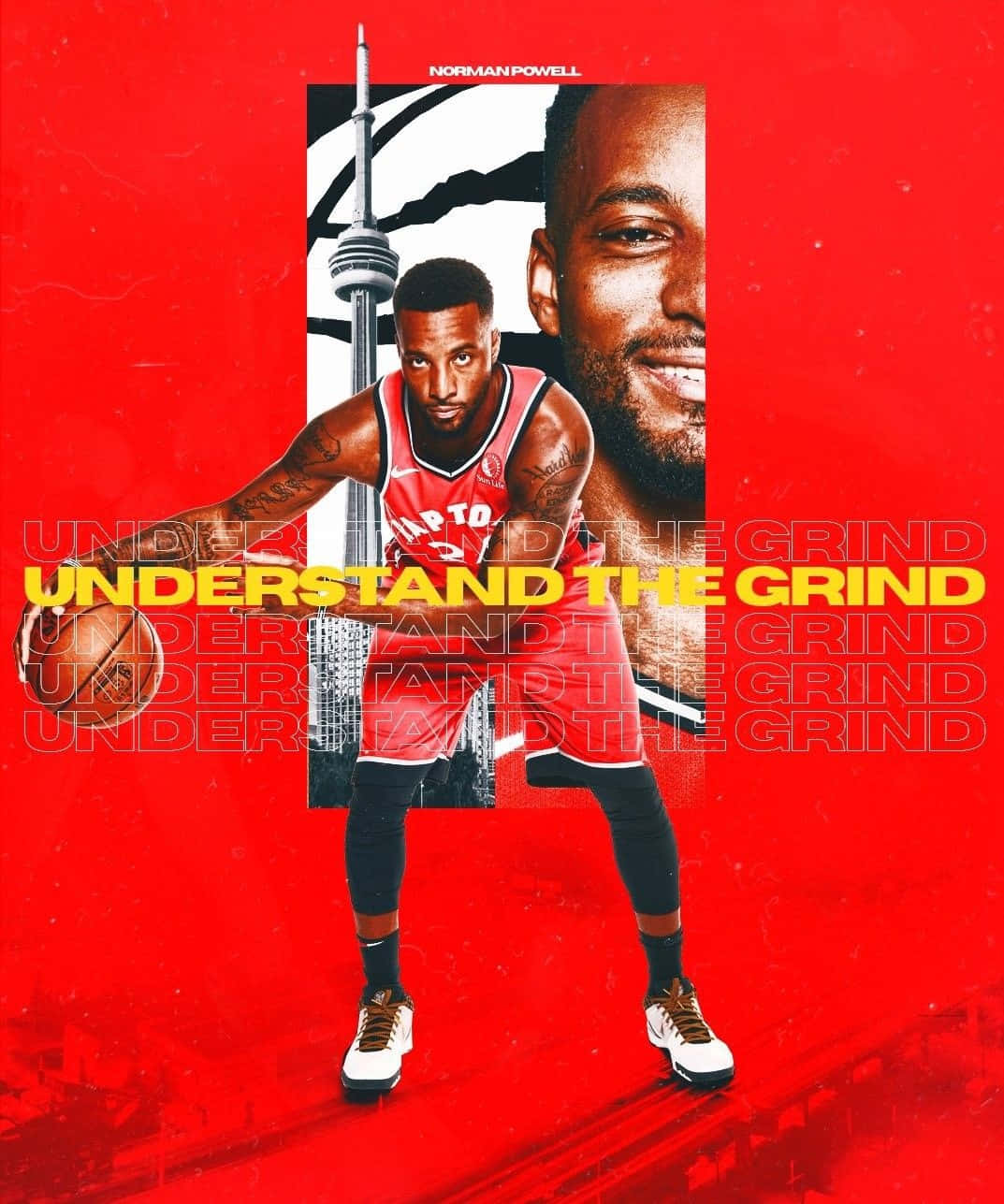 NBA 桌布 壁紙 — 一名身穿紅色球衣的籃球運動員在帶有多倫多天際線和勵志文字的醒目紅色背景前持球。