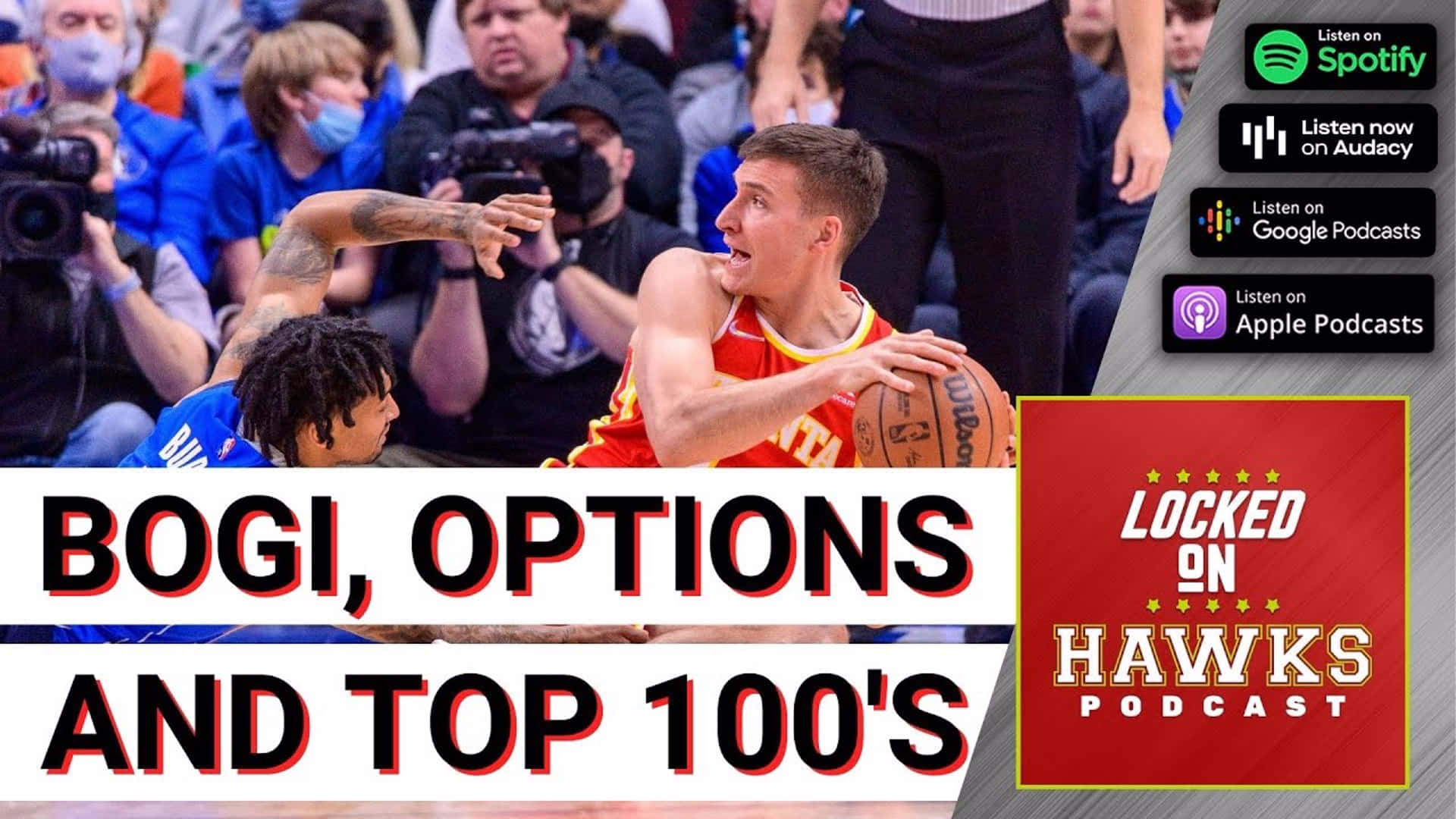 NBA 桌布 壁紙 — 一名身穿紅色球衣的籃球運動員在擁擠的場館中運球，同時被防守，並帶有播客品牌疊加層。