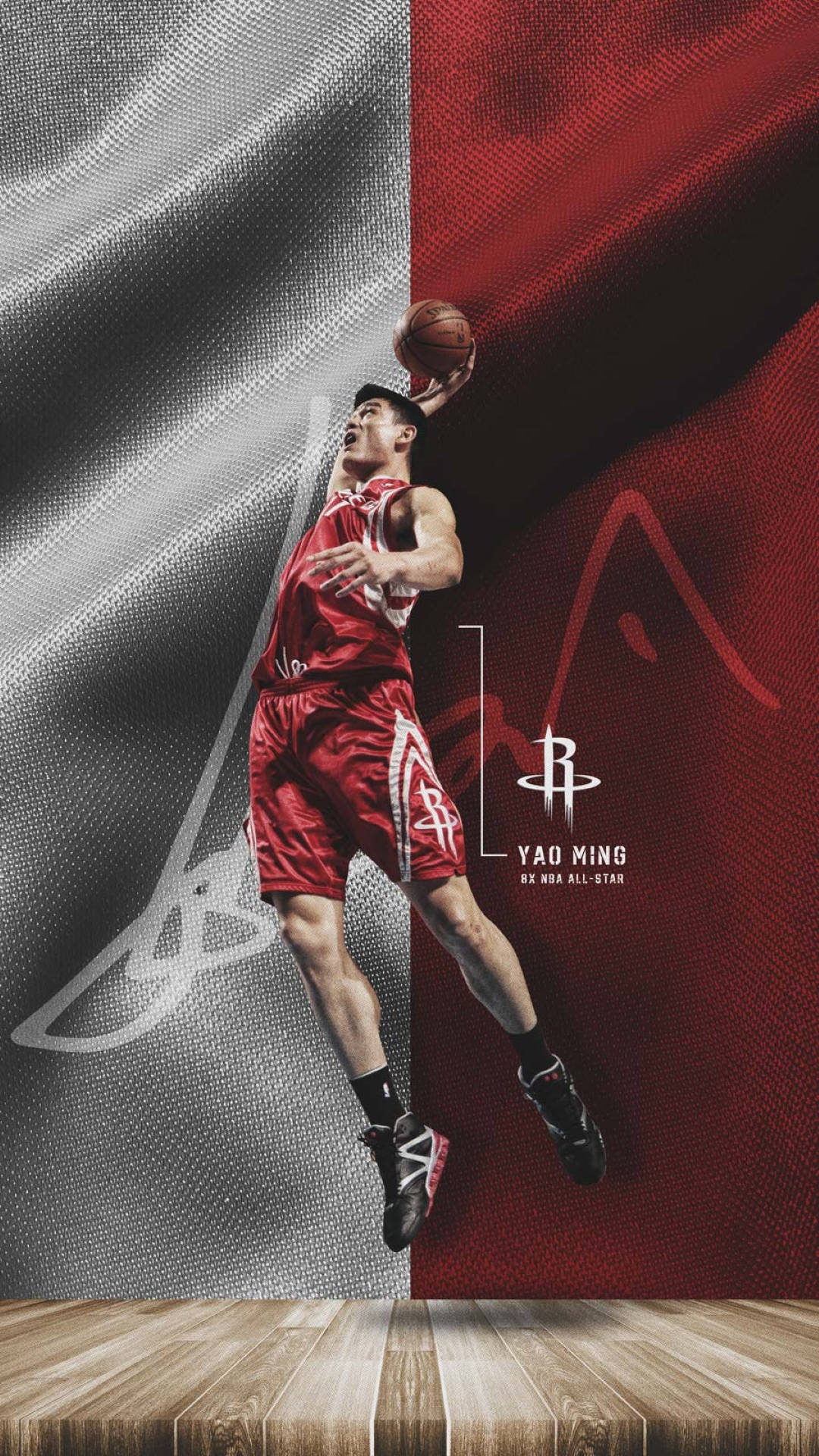 Houston Rockets 桌布 壁紙 — 一名身穿紅色球衣的籃球運動員在空中跳起，手持籃球，背景為銀色和紅色紋理分割，下方為木地板。