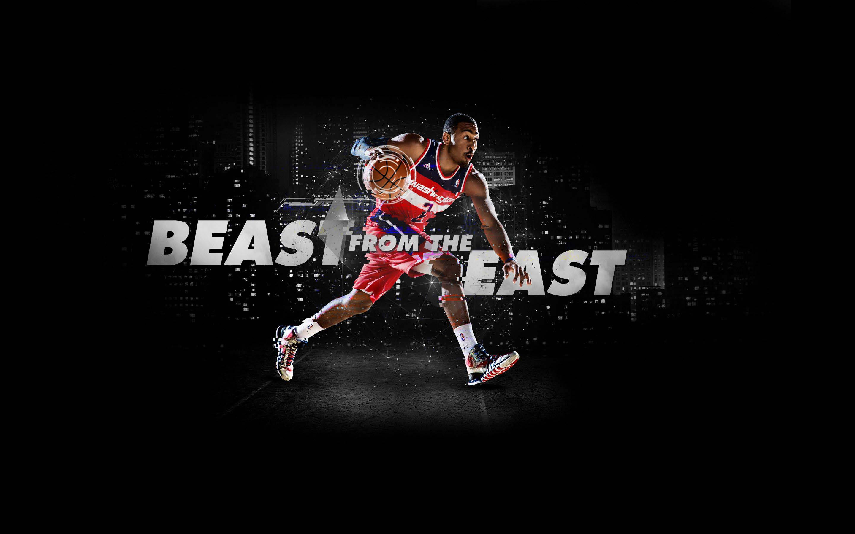 John Wall 桌布 壁紙 — 一名身穿紅色球衣的籃球運動員在黑暗的城市景觀背景下，帶著發光文字，激烈地運球。