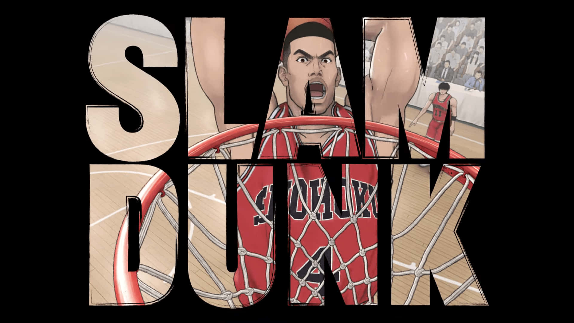 灌籃高手 桌布 壁紙 — 一名身穿紅色球衣的籃球運動員正在灌籃，'SLAM DUNK' 文字框住動作。