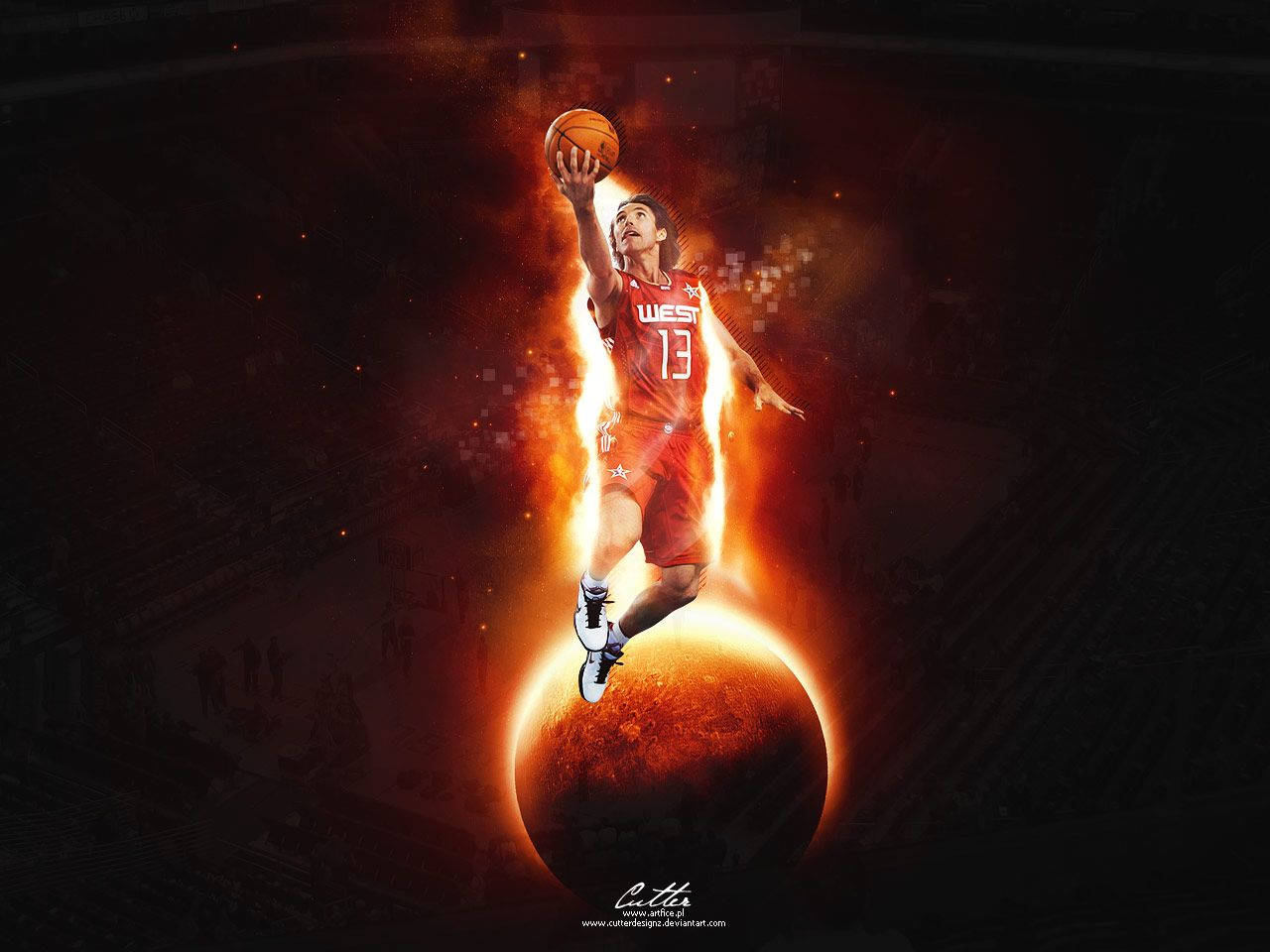NBA 桌布 壁紙 — 一名身穿紅色球衣的籃球運動員跳躍在一個熾熱星球之上，手持籃球，周圍環繞著發光的火焰。