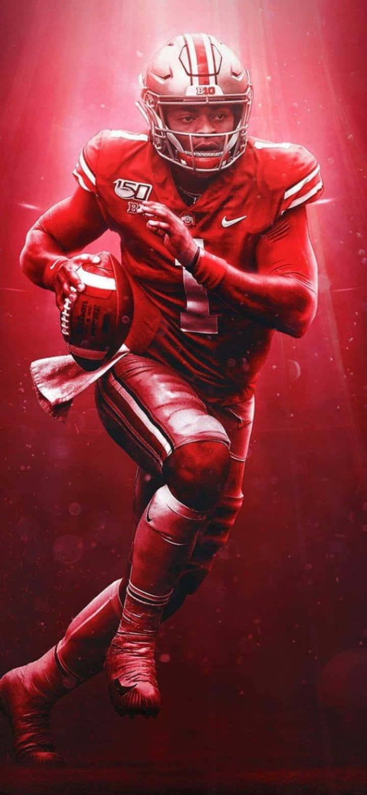 Justin Fields 桌布 壁紙 — 一名身穿紅色球衣的美式足球四分衛在戲劇性的紅光和發光粒子效果下持球向前衝刺。