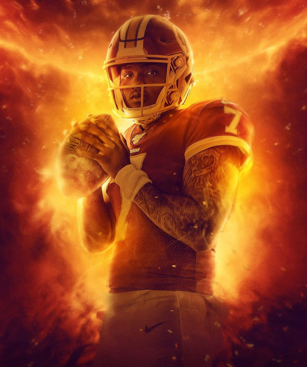 Washington Football 桌布 壁紙 — 一名身穿紅色球衣的足球員，在熾熱的橙黃色爆炸背景中抱著一個球。