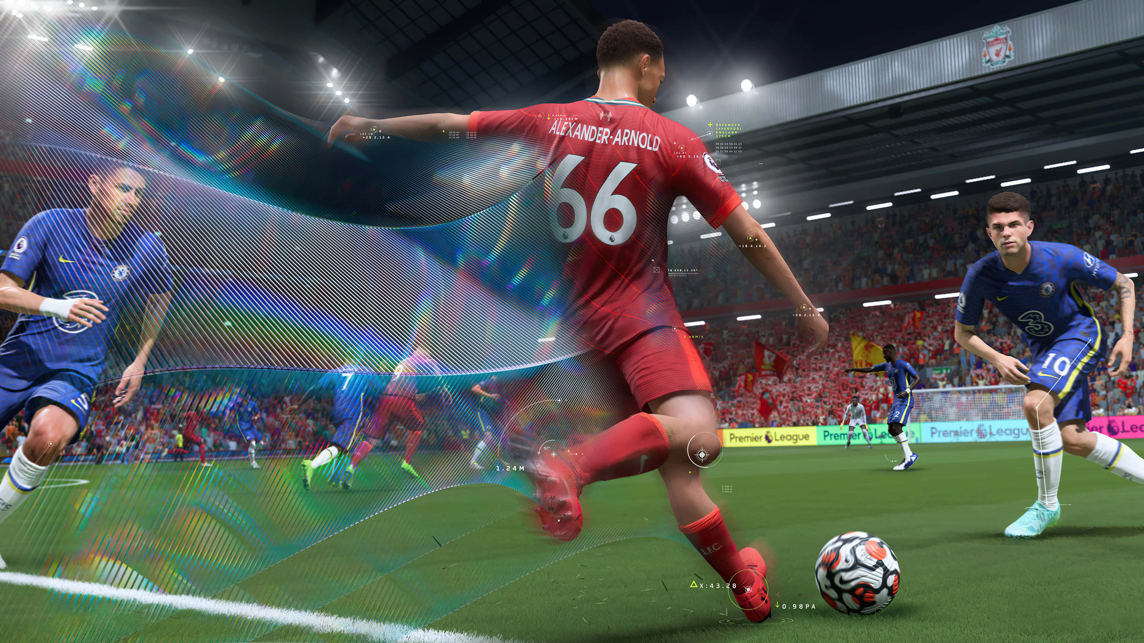 Fifa 22 桌布 壁紙 — 一名身穿紅色球衣的足球員在明亮的燈光下，於充滿活力的球場上盤球越過防守球員。