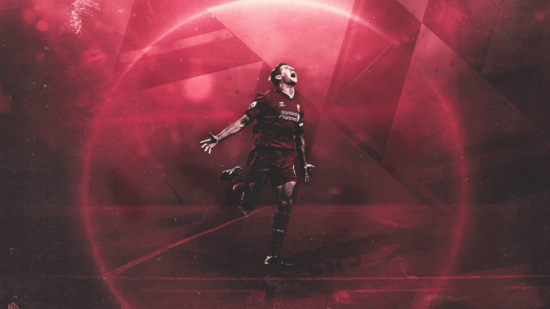 Steven Gerrard 桌布 壁紙 — 一名身穿紅色球衣的足球運動員在發光的紅色抽象背景前張開雙臂慶祝勝利。
